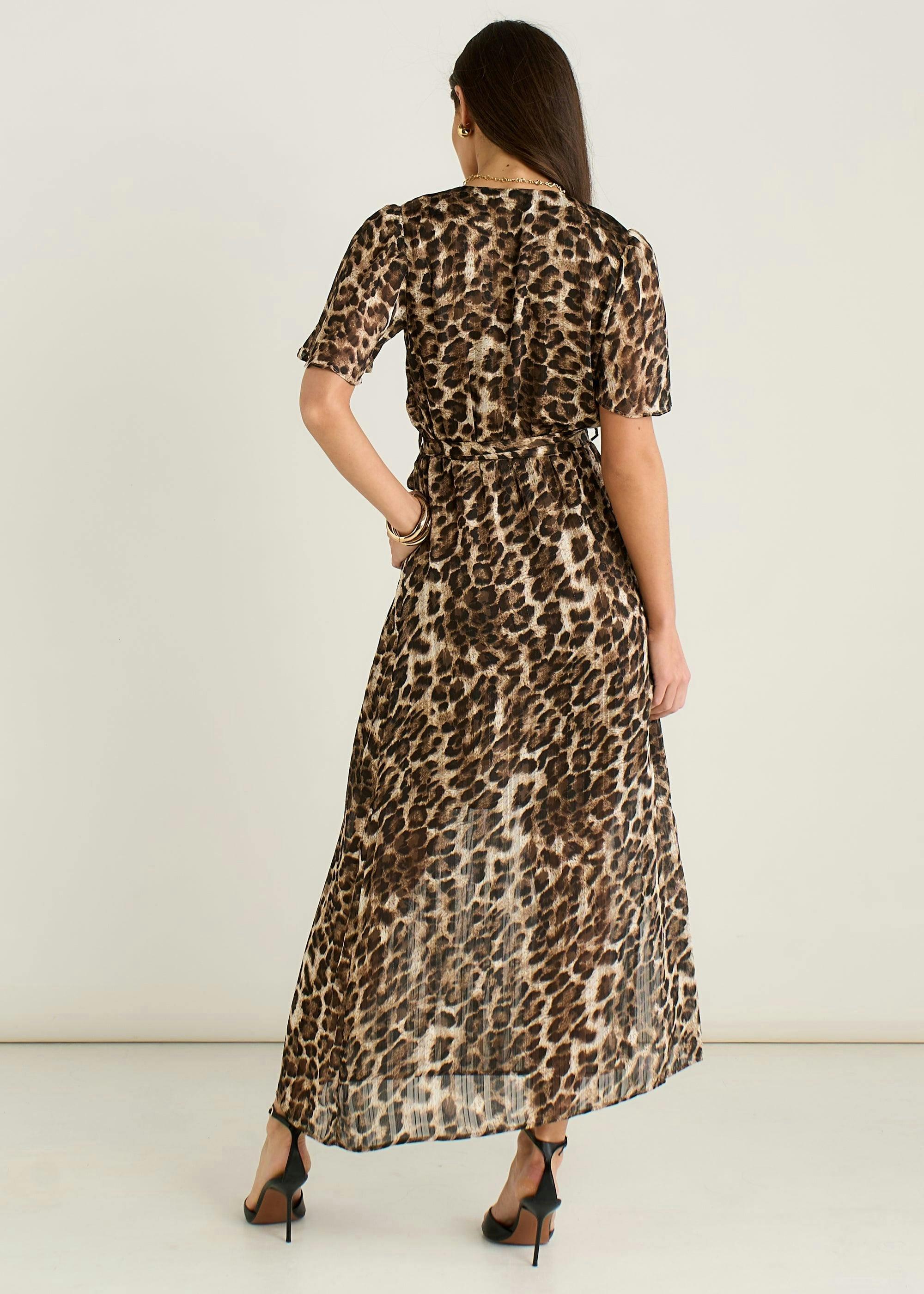 Brown Chiffon Animal Sparkle Stripe Wrap Midi Dress , view 2 of 4