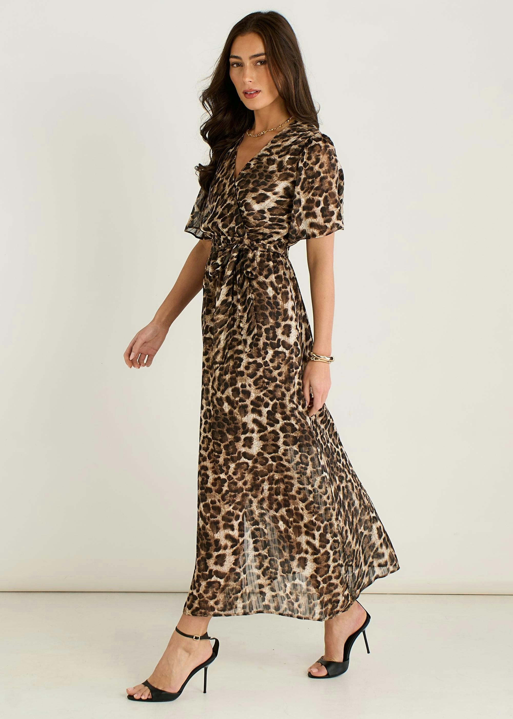Brown Chiffon Animal Sparkle Stripe Wrap Midi Dress , view 4 of 4