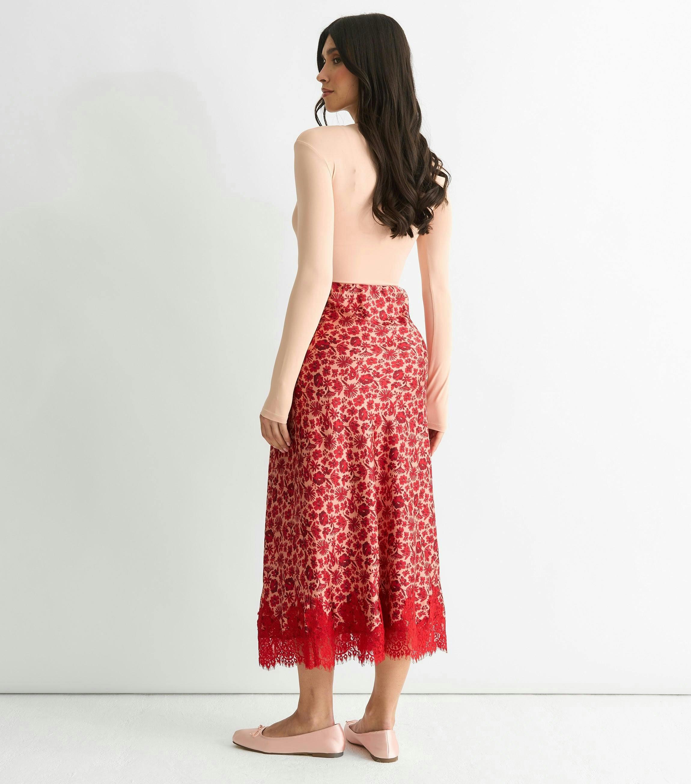 Red Floral Lace Trim Bias Midi Skirt , view 2 of 4