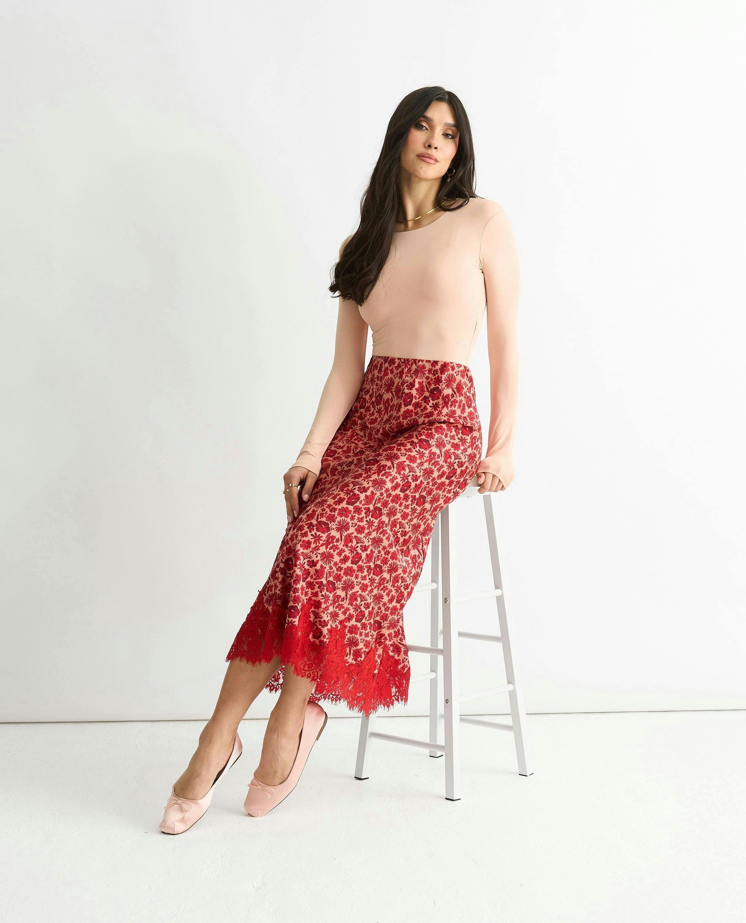 Red Floral Lace Trim Bias Midi Skirt , view 3 of 4