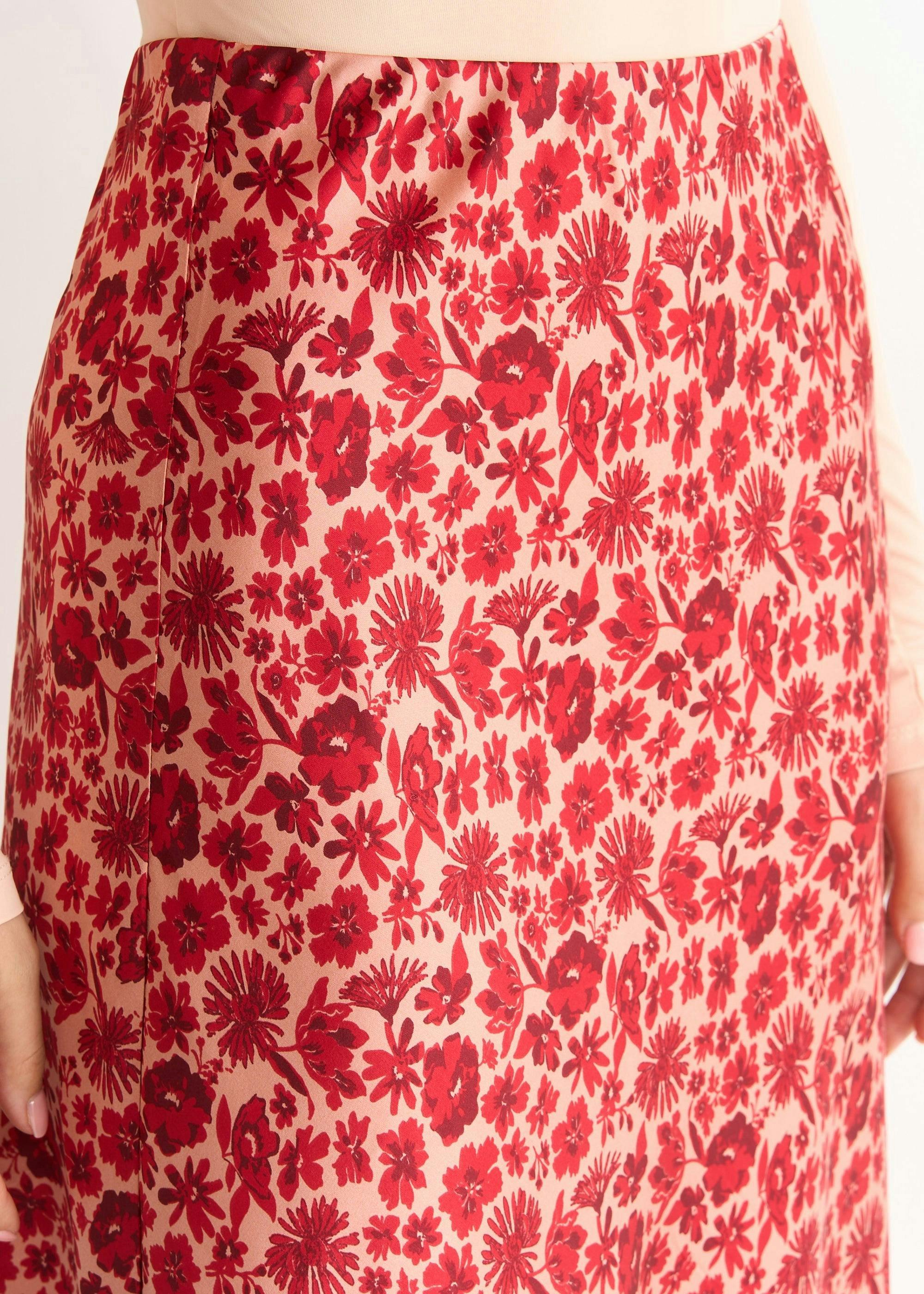 Red Floral Lace Trim Bias Midi Skirt , view 4 of 4