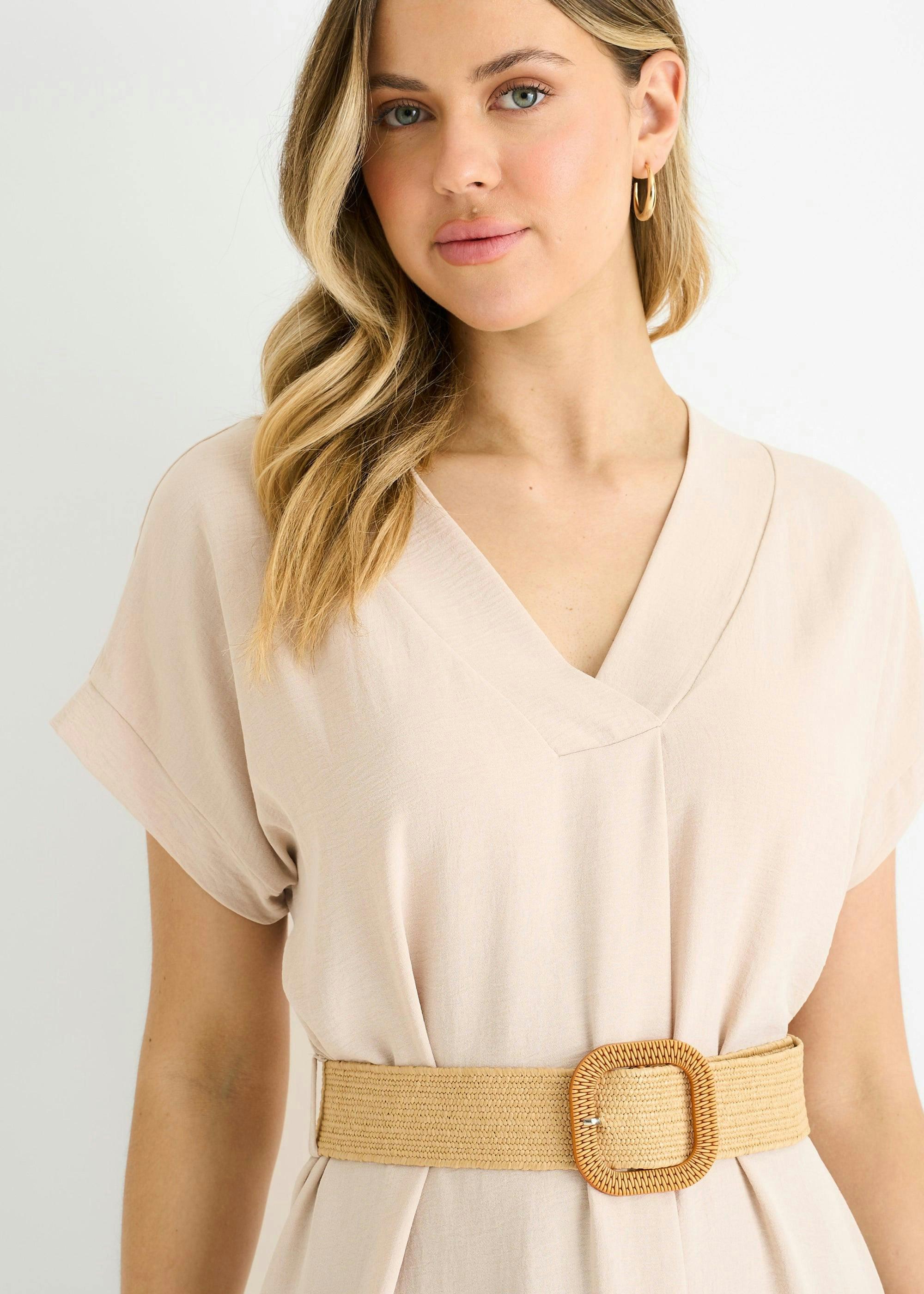 Beige Air Flow Belted Oversized Dress , view 3 of 4