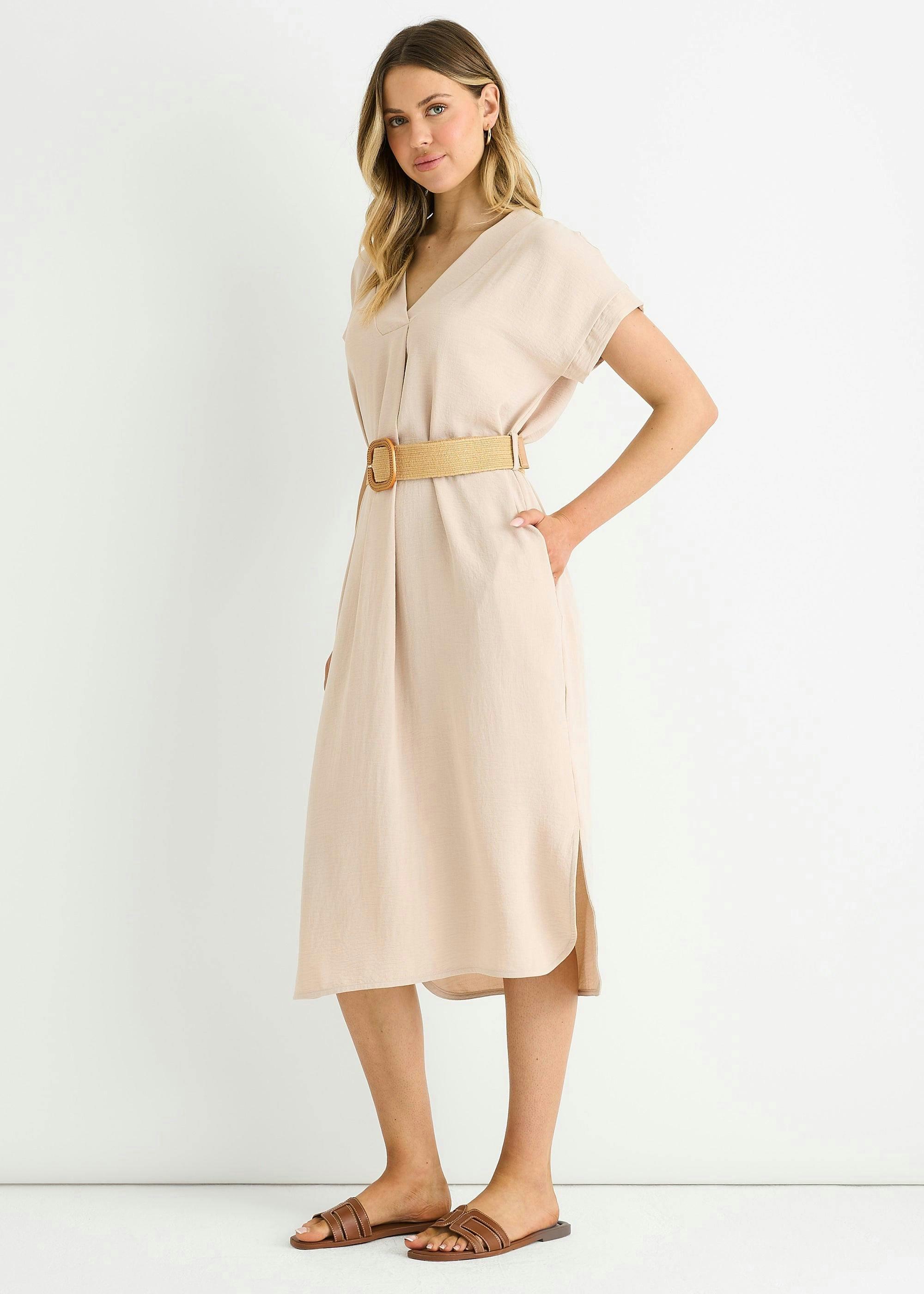 Beige Air Flow Belted Oversized Dress , view 4 of 4