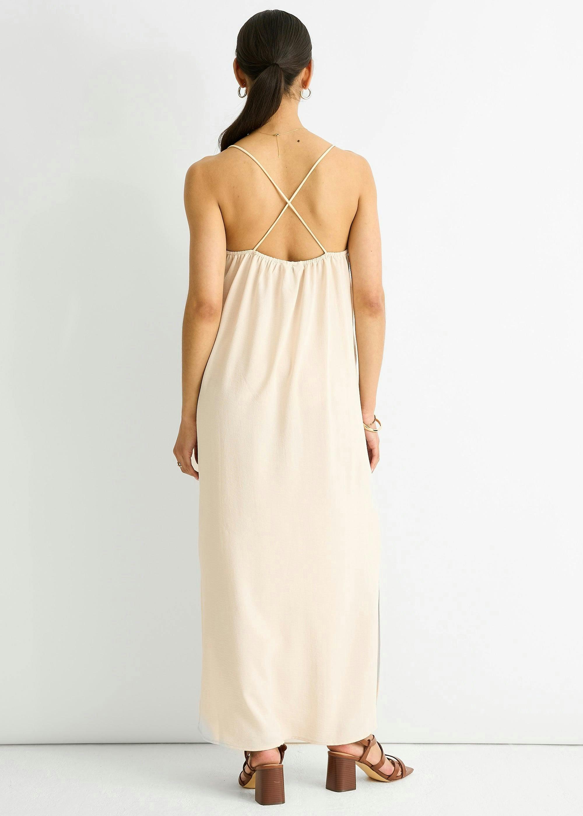 Beige Strappy Cross Back Airflow Oversized Dress , view 2 of 4
