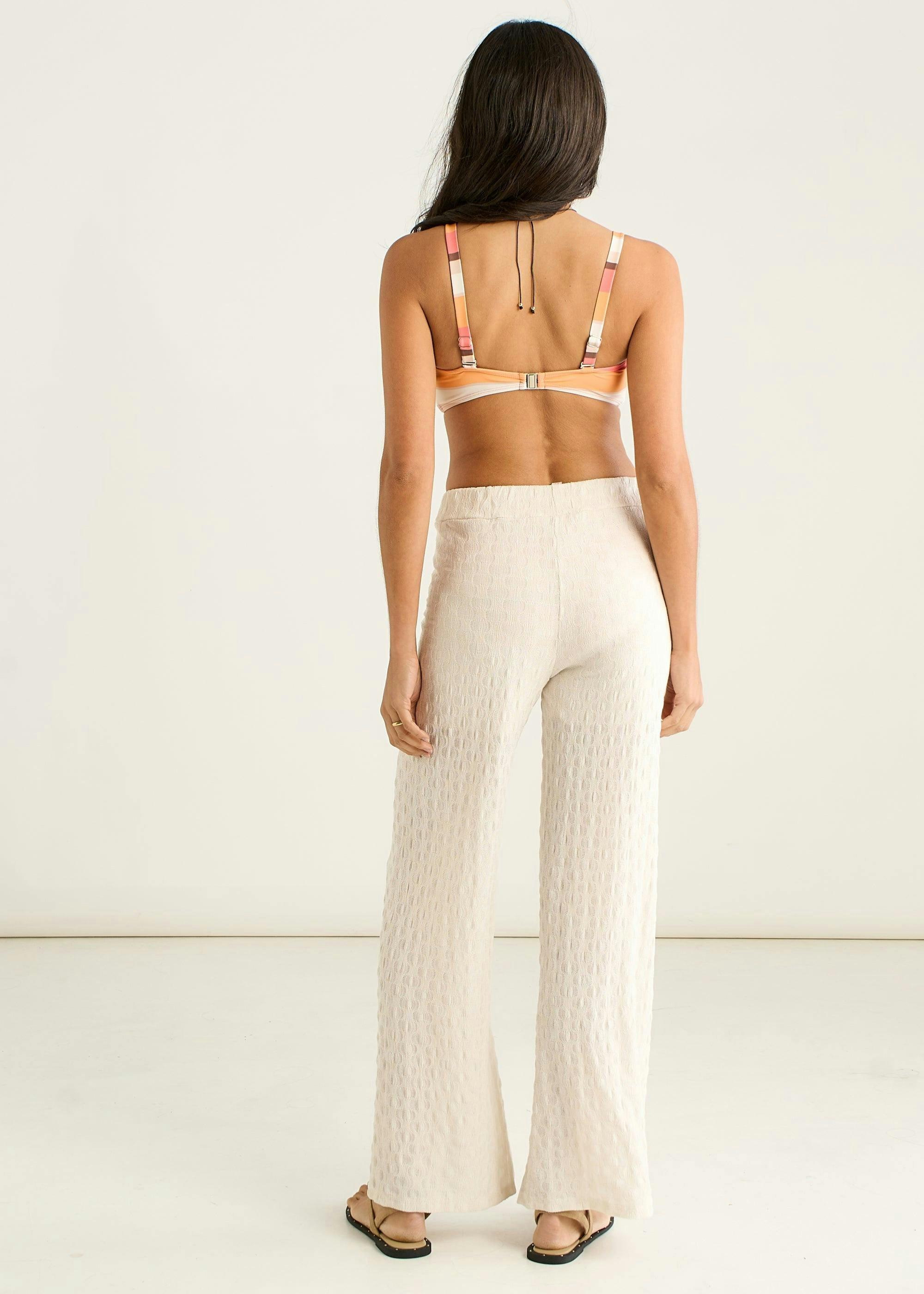 Beige Textured Elasticated Waist Flared Trousers , view 2 of 4