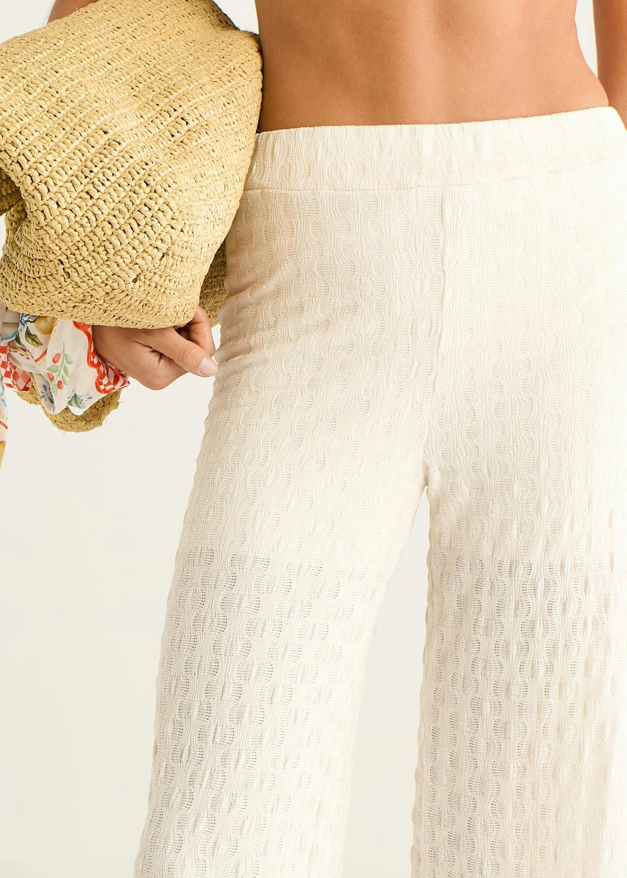 Beige Textured Elasticated Waist Flared Trousers , view 3 of 4