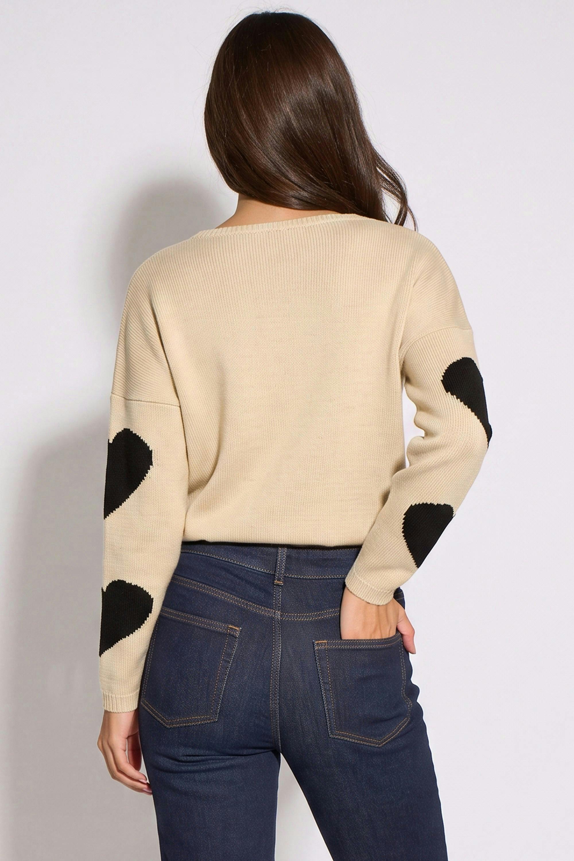 Beige V Neck Oversized Heart Knit Jumper , view 2 of 4