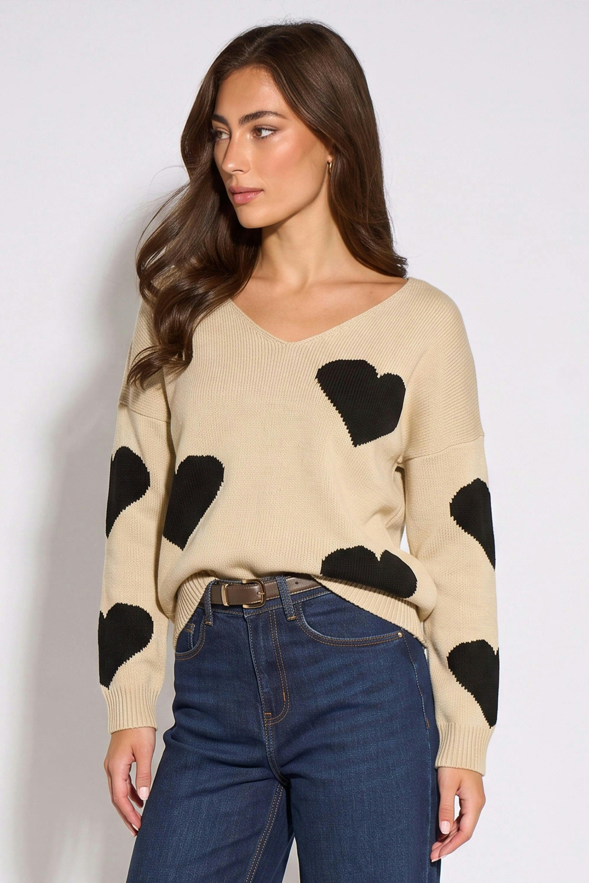 Beige V Neck Oversized Heart Knit Jumper , view 4 of 4
