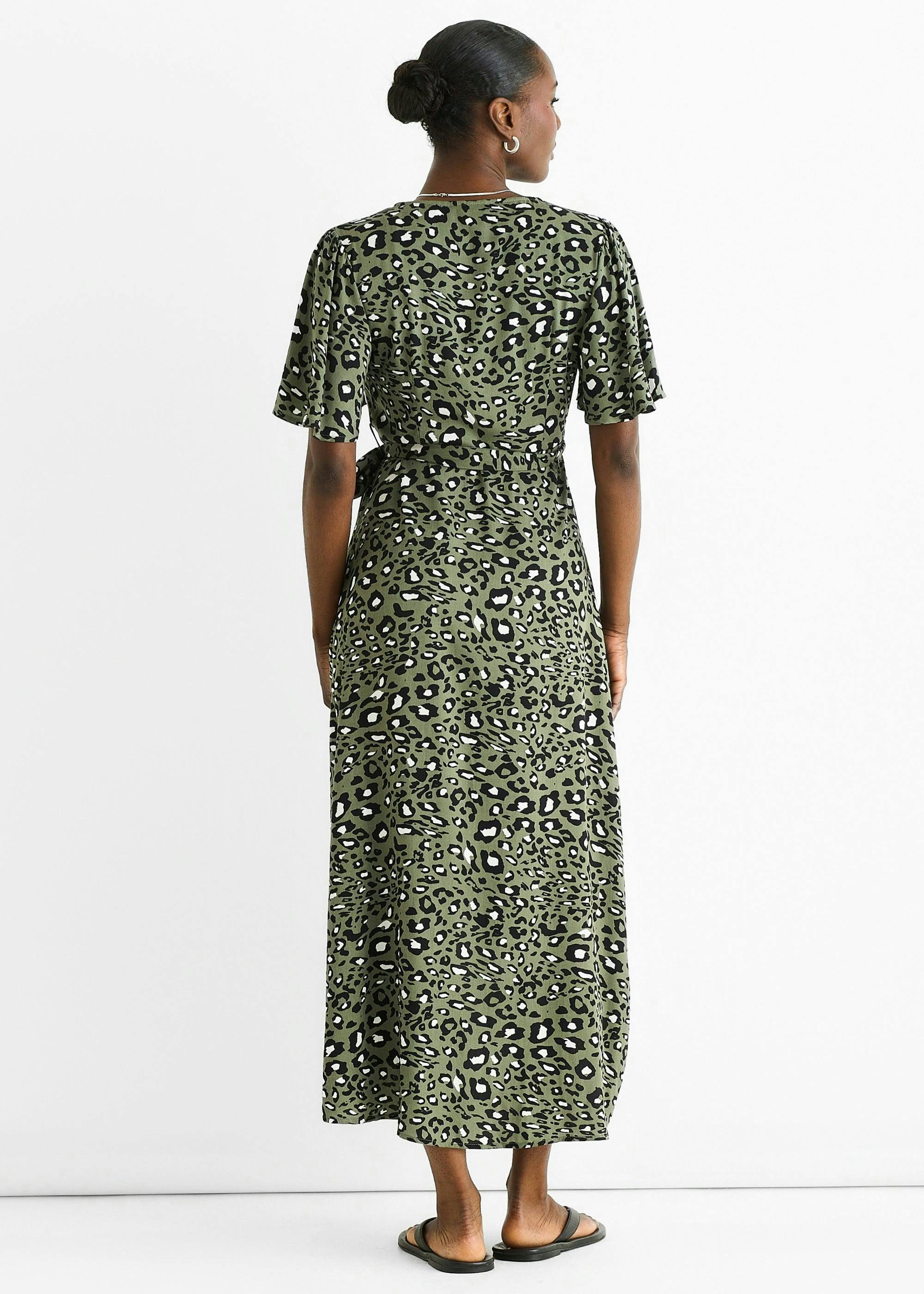 Khaki Animal Print Viscose Wrap Midi Dress , view 2 of 4