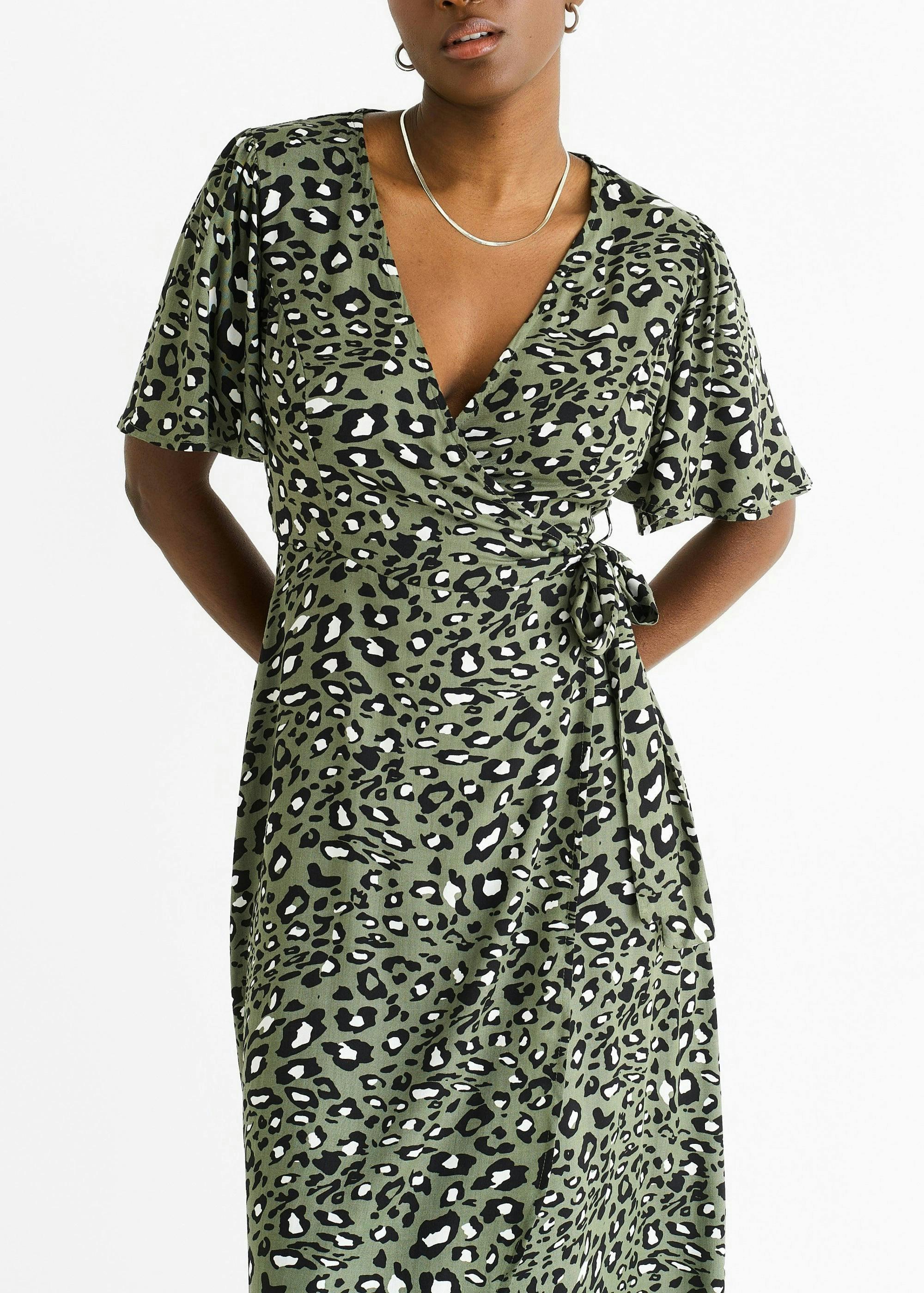 Khaki Animal Print Viscose Wrap Midi Dress , view 3 of 4