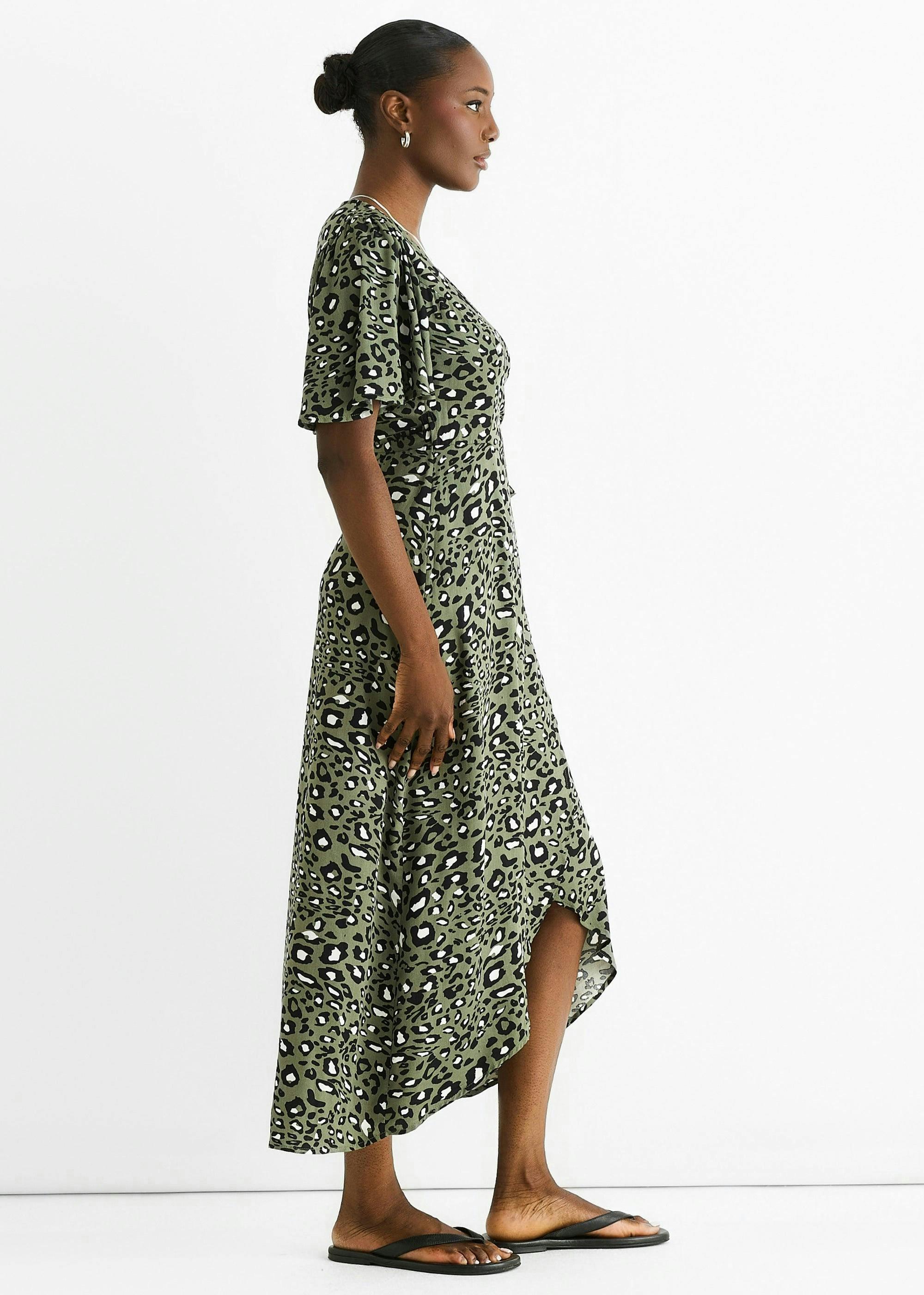 Khaki Animal Print Viscose Wrap Midi Dress , view 4 of 4