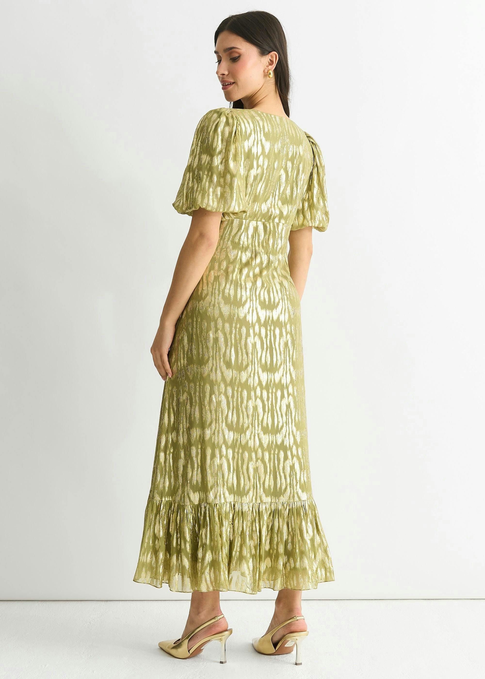 Green Viscose Animal Jacquard Occasion Midi Dress , view 2 of 4
