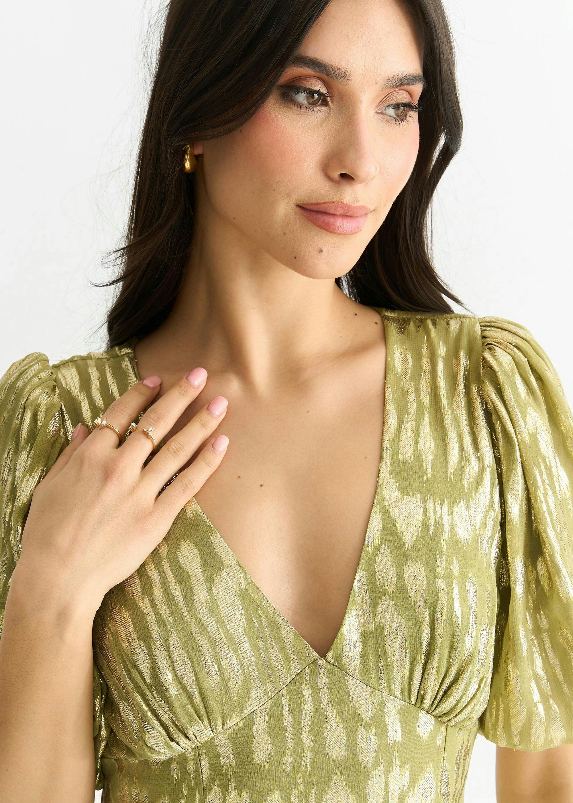Green Viscose Animal Jacquard Occasion Midi Dress , view 3 of 4