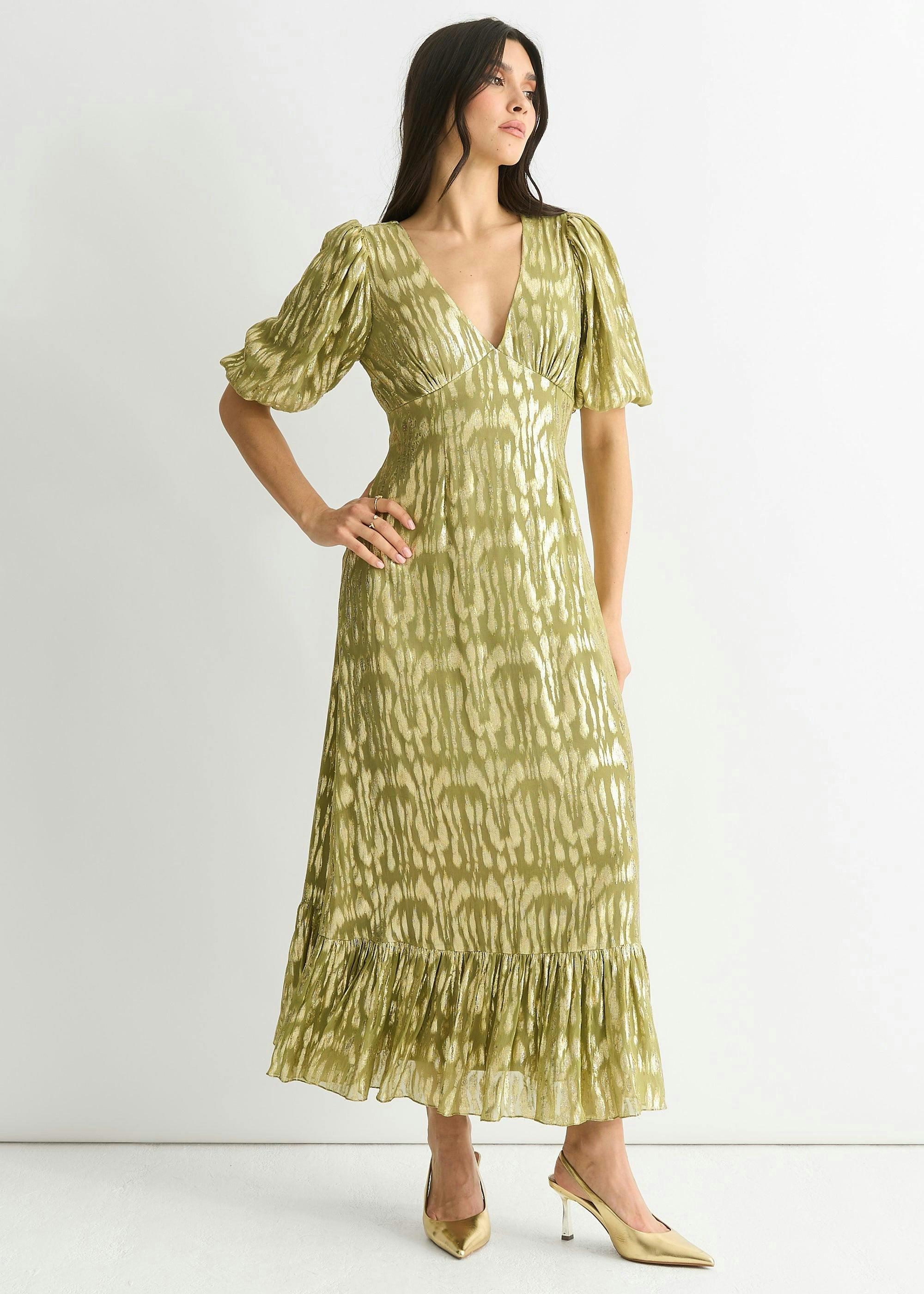 Green Viscose Animal Jacquard Occasion Midi Dress , view 4 of 4
