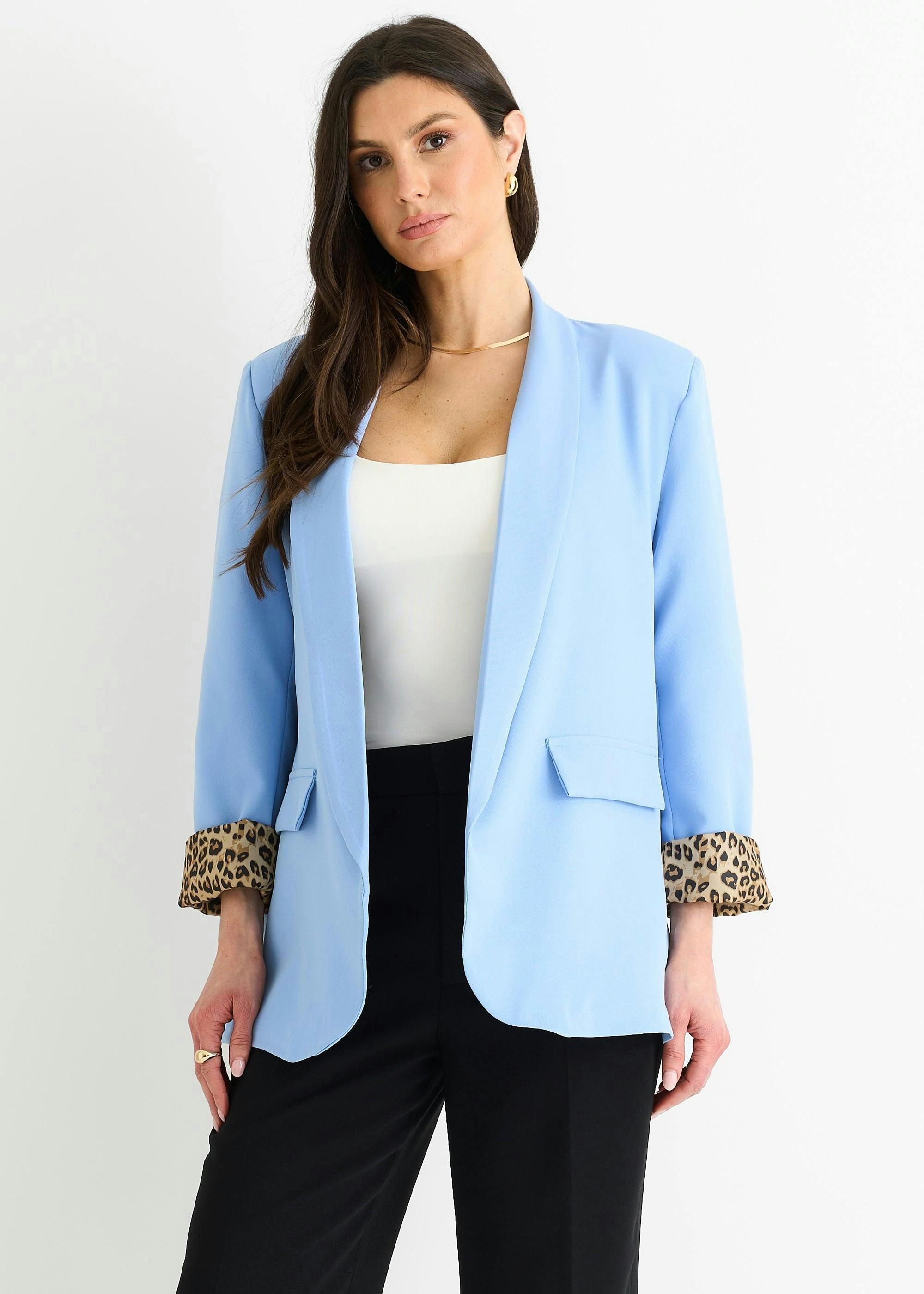 Sky Blue Contrast Animal Edge to Edge Blazer , view 3 of 4