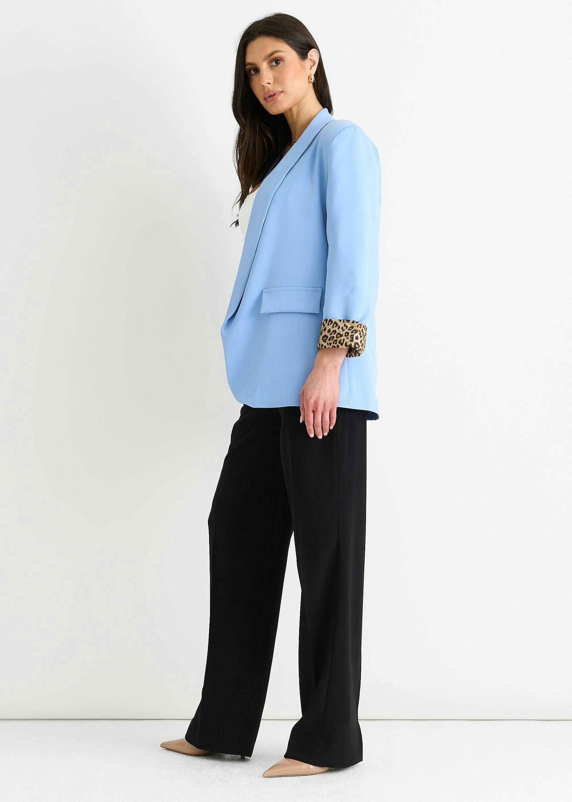 Sky Blue Contrast Animal Edge to Edge Blazer , view 4 of 4