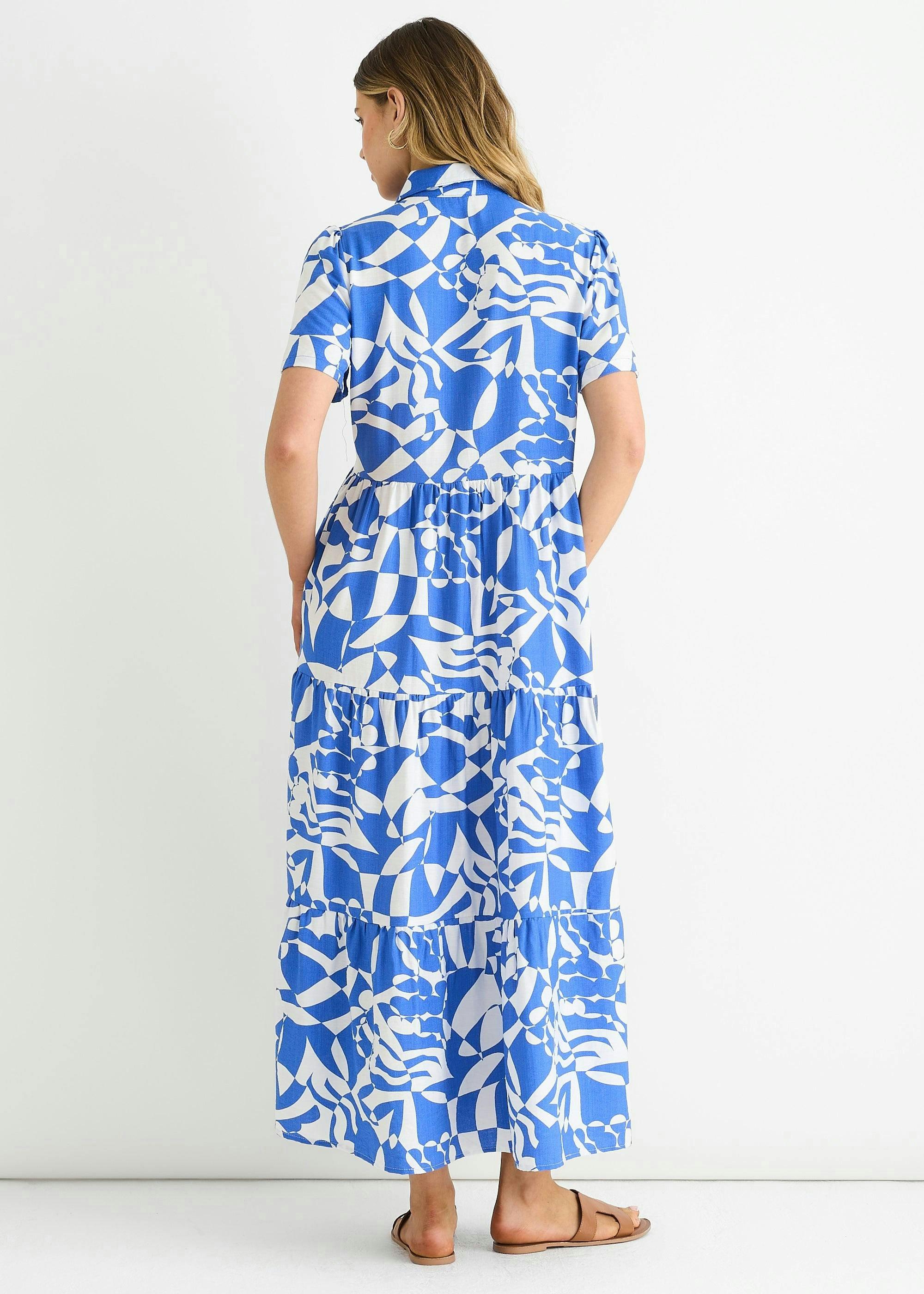 Blue Aztec Print Oversized Smock Midi Dress , view 2 of 4