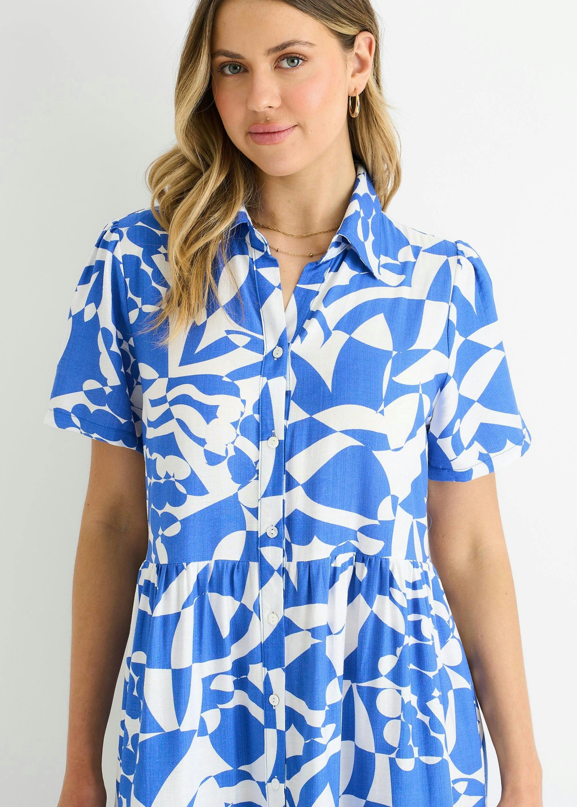 Blue Aztec Print Oversized Smock Midi Dress , view 3 of 4
