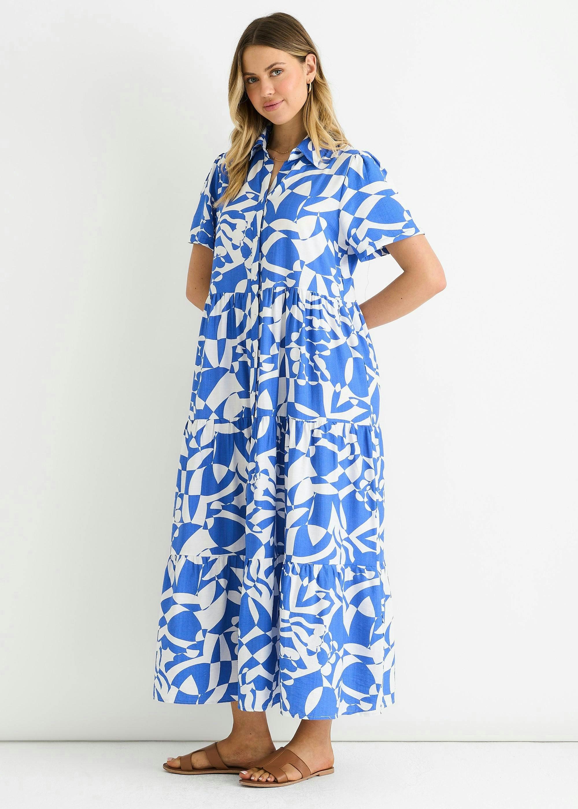 Blue Aztec Print Oversized Smock Midi Dress , view 4 of 4