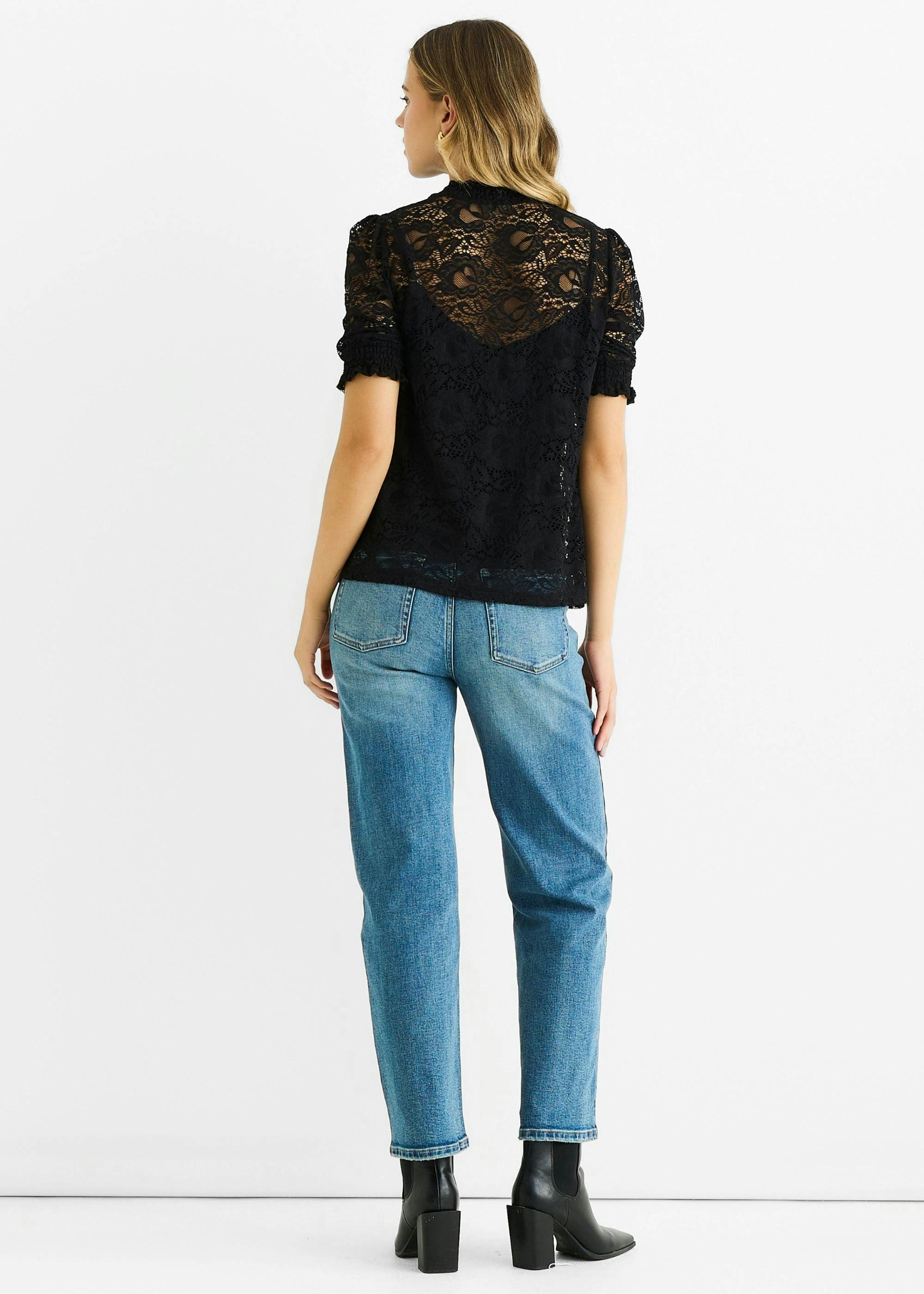 Black High Neck Lace Loose Fit Blouse , view 3 of 4