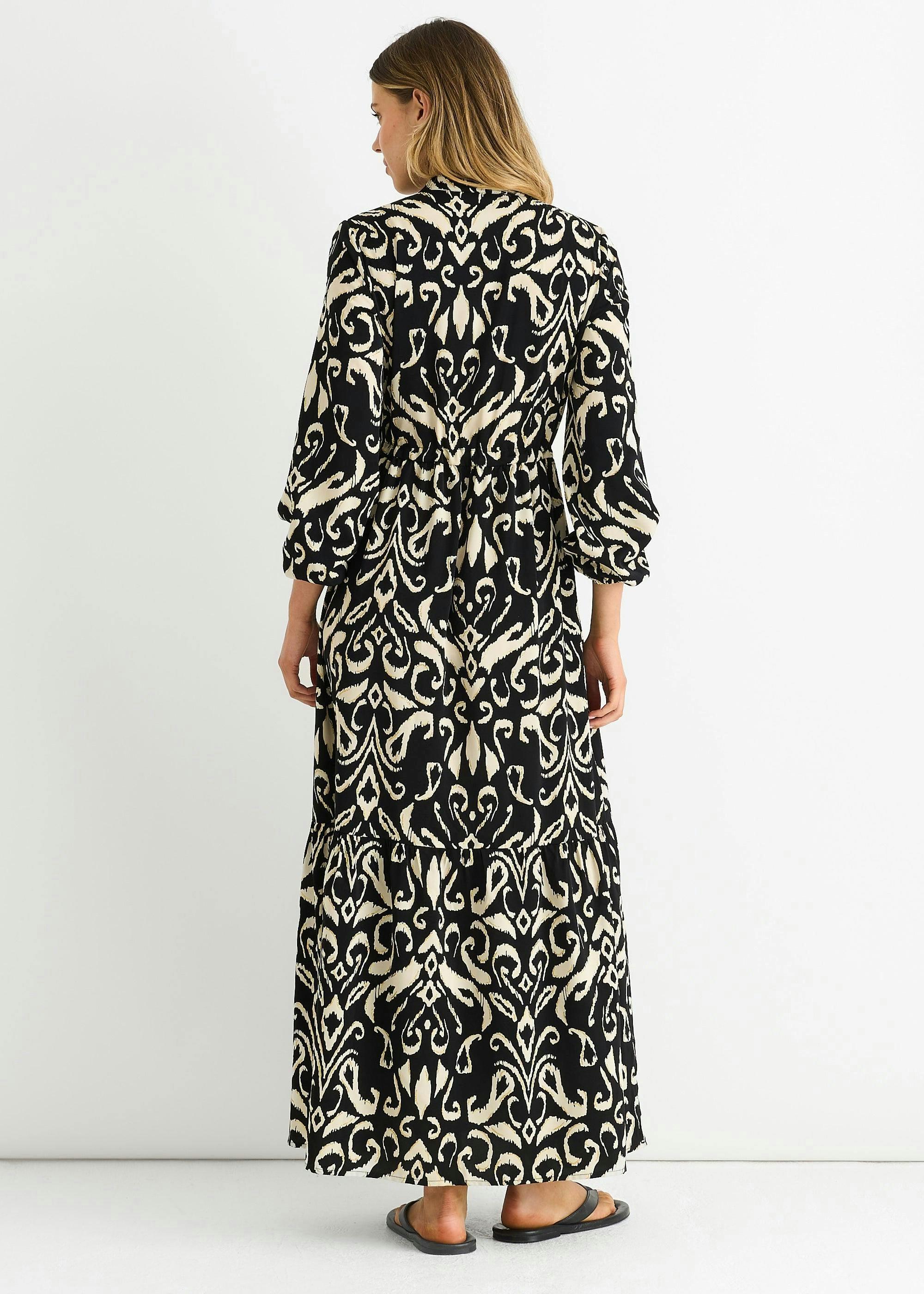 Black Ikat Print Tie Waist Maxi Dress , view 2 of 4