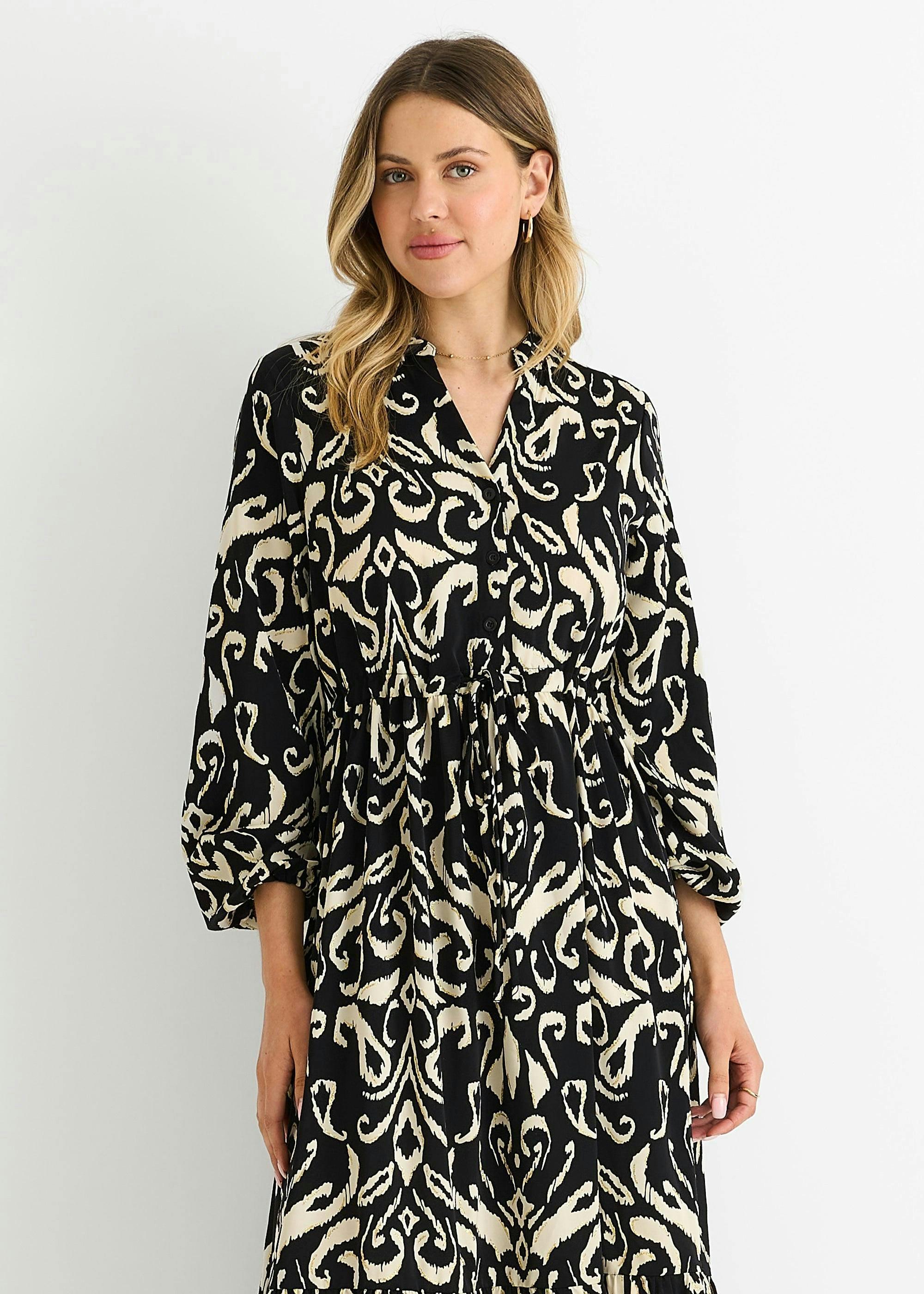 Black Ikat Print Tie Waist Maxi Dress , view 3 of 4