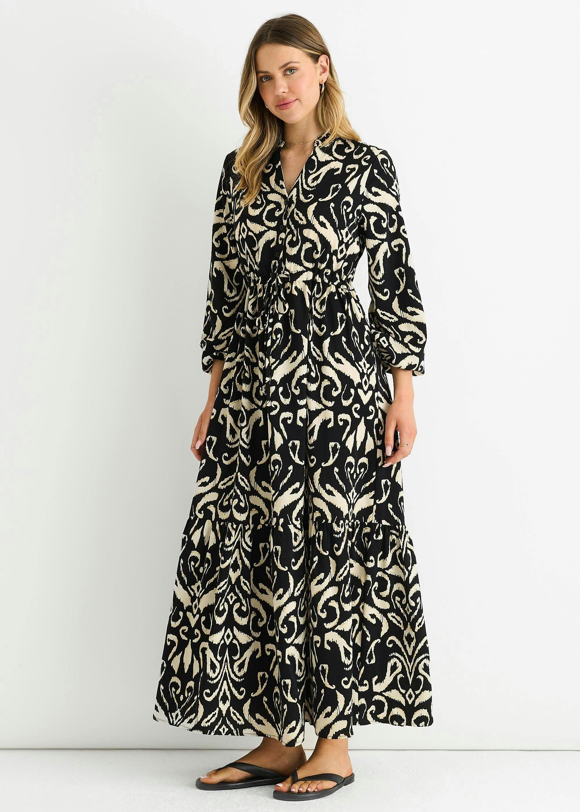 Black Ikat Print Tie Waist Maxi Dress , view 4 of 4