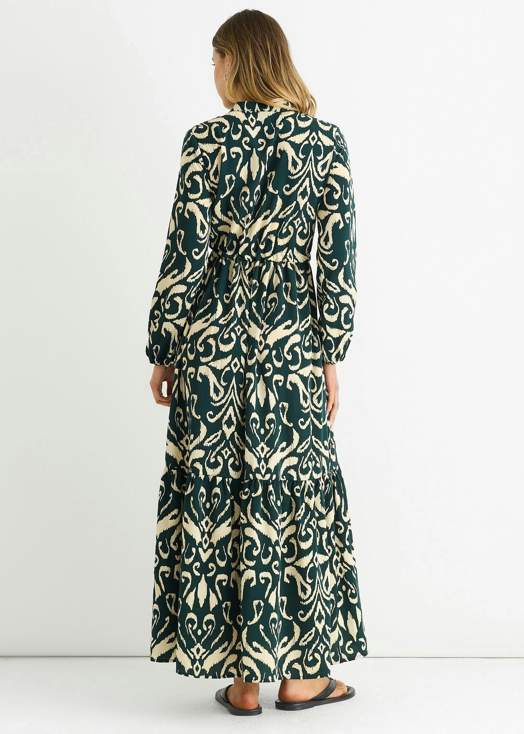 Green Ikat Print Tie Waist Maxi Dress , view 2 of 4