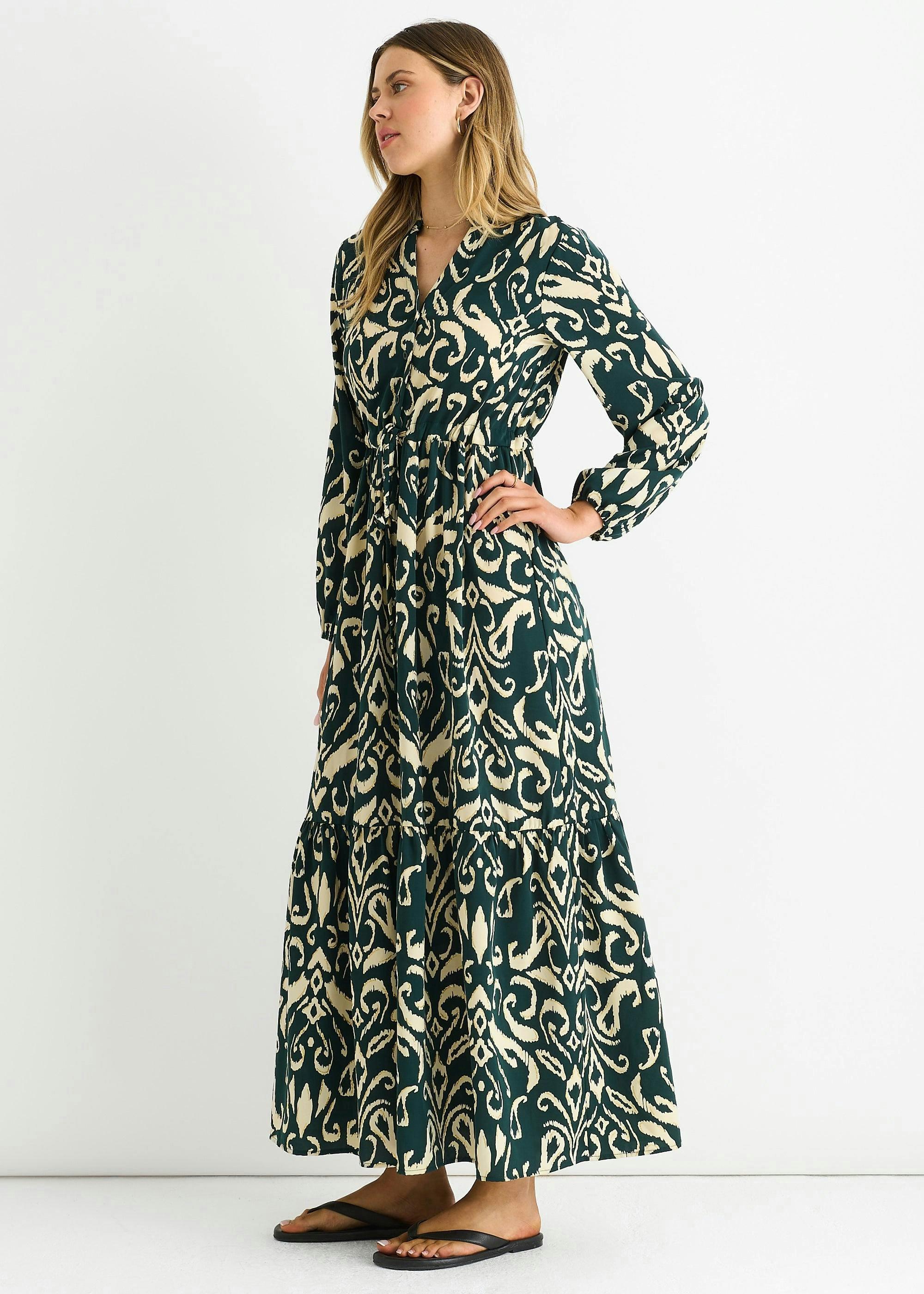 Green Ikat Print Tie Waist Maxi Dress , view 3 of 4
