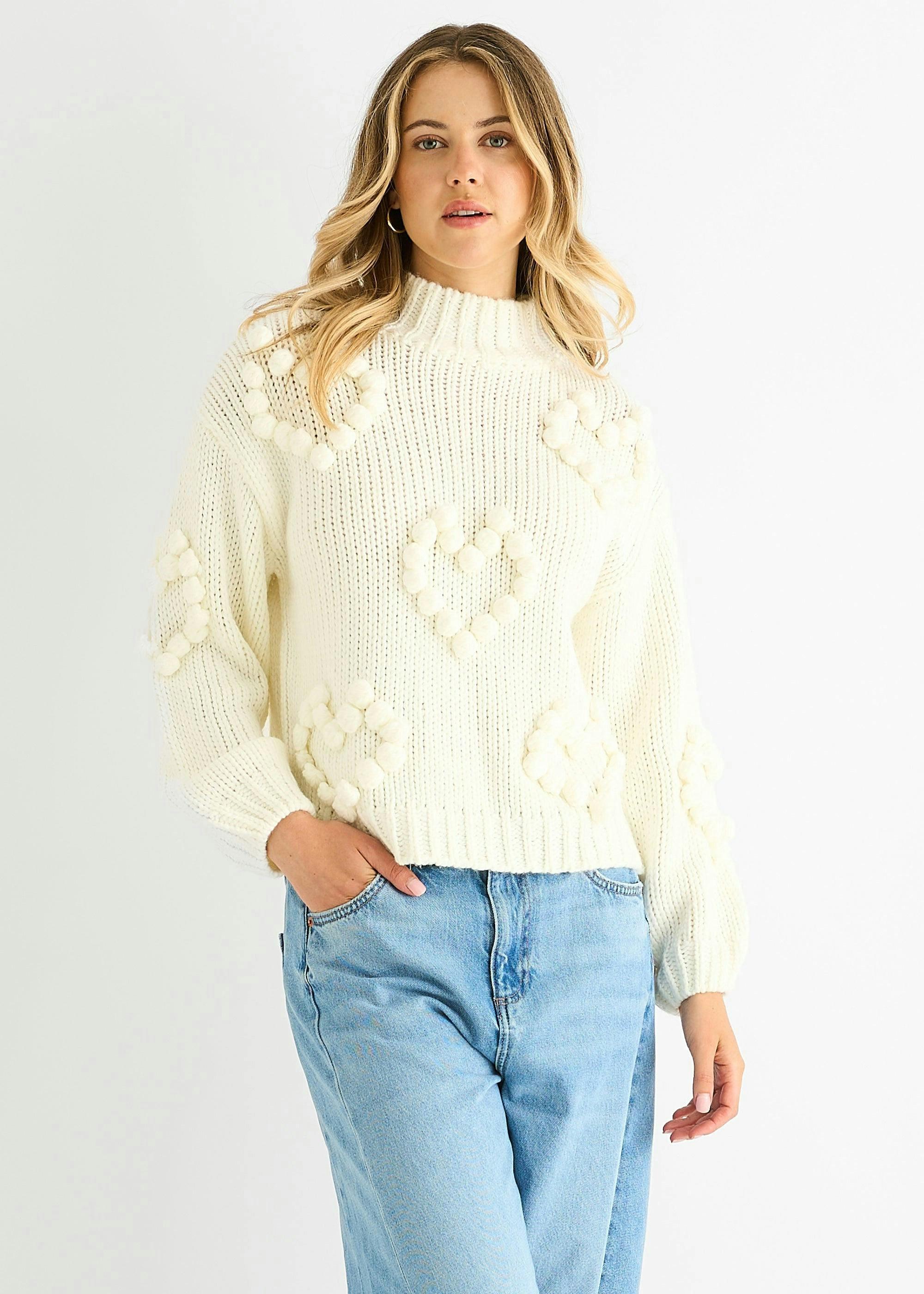 Cream Heart Bubble Chunky Knit High Neck Jumper , view 3 of 4