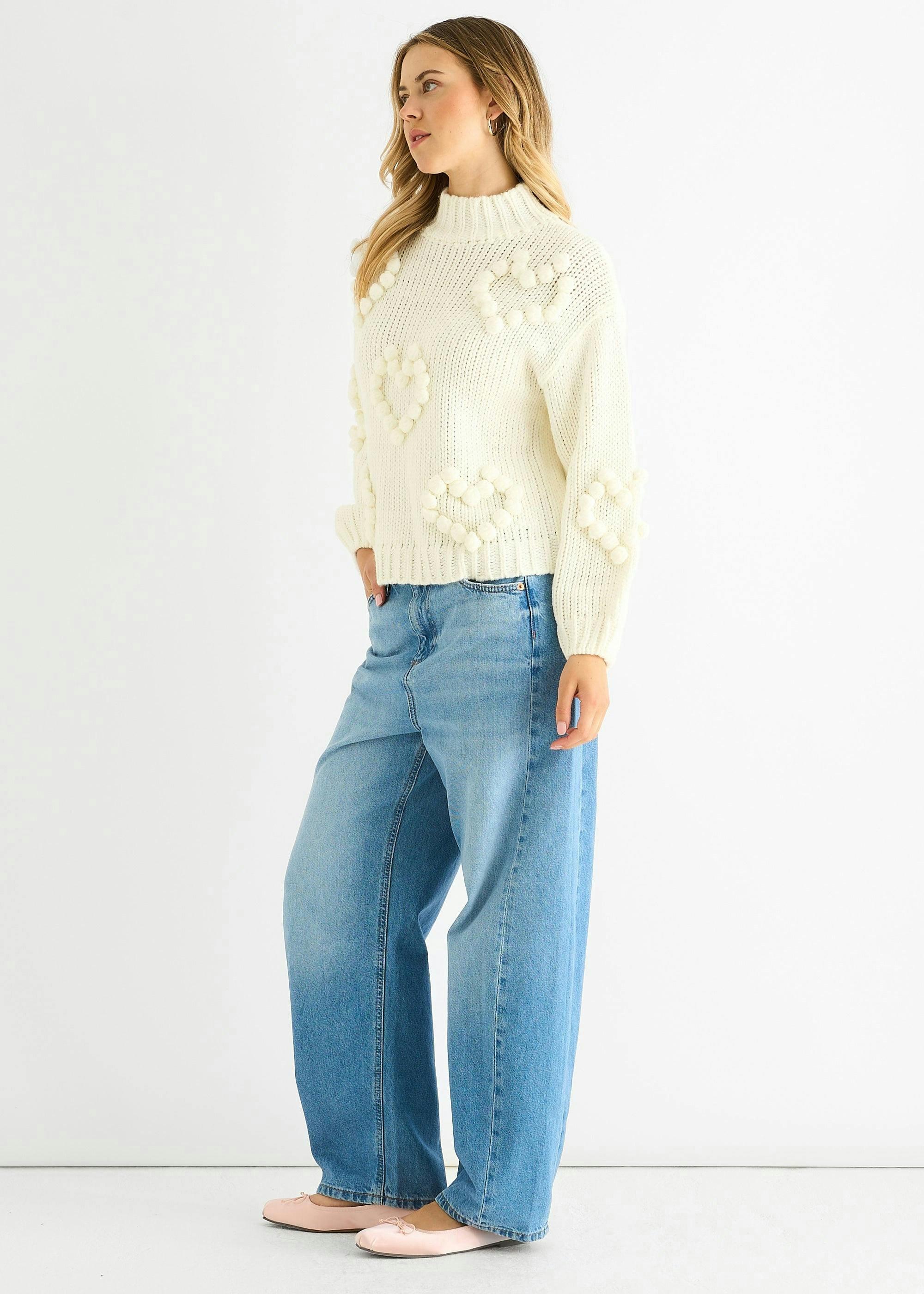 Cream Heart Bubble Chunky Knit High Neck Jumper , view 4 of 4
