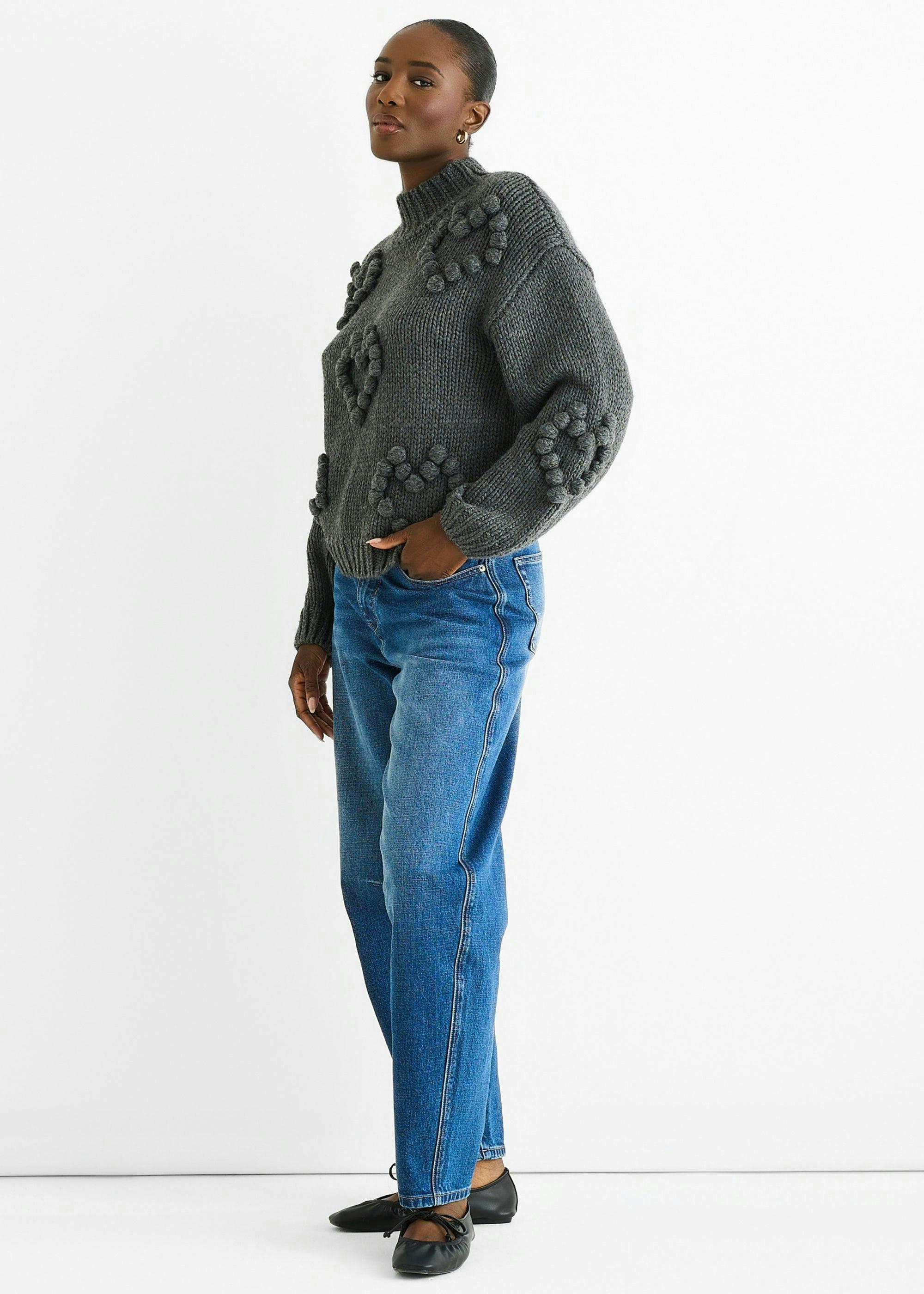 Dark Grey Heart Bubble Chunky Knit High Neck Jumper , view 4 of 4