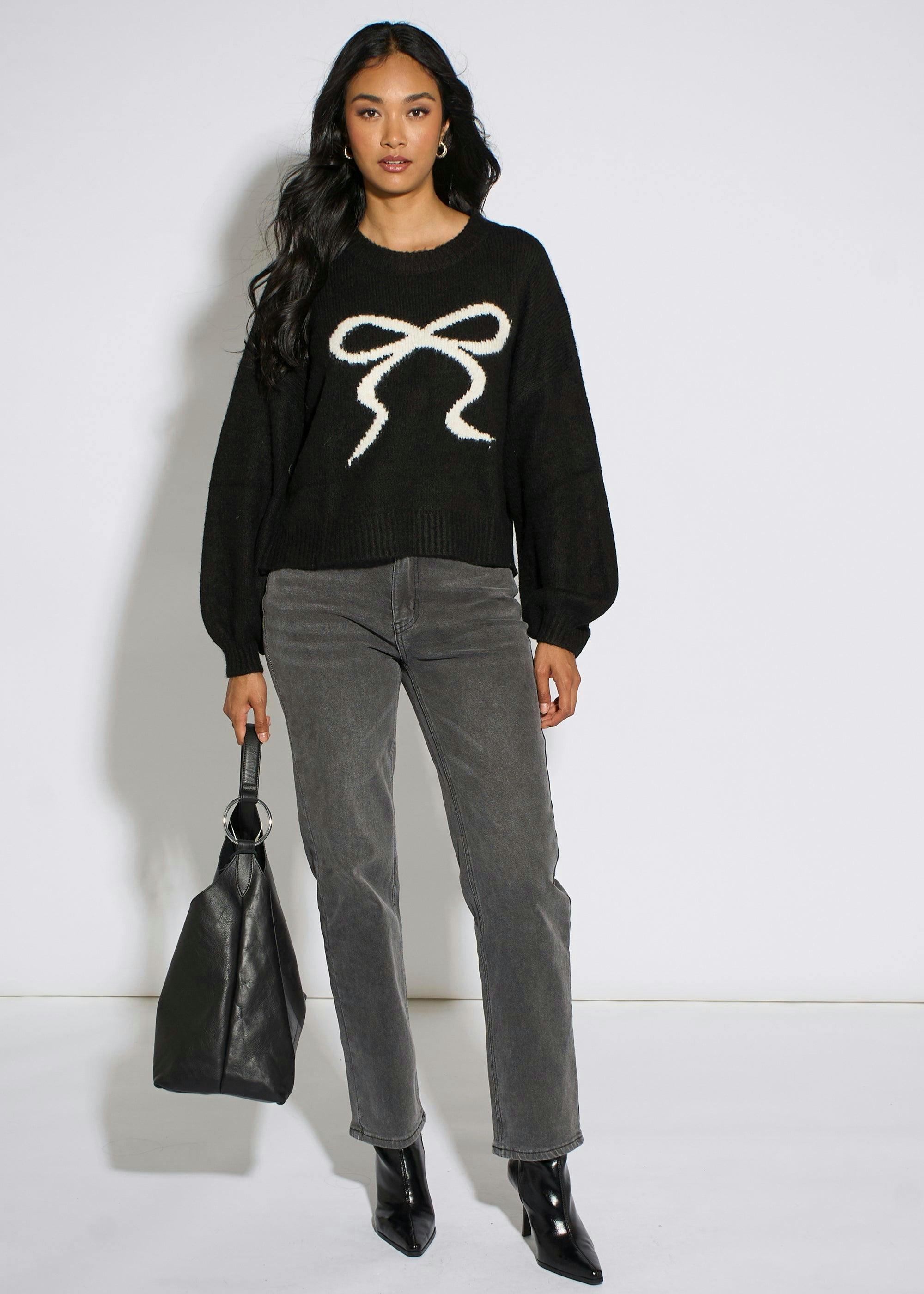 Black Contrast Bow Pattern Oversized Jumper , view 3 of 4