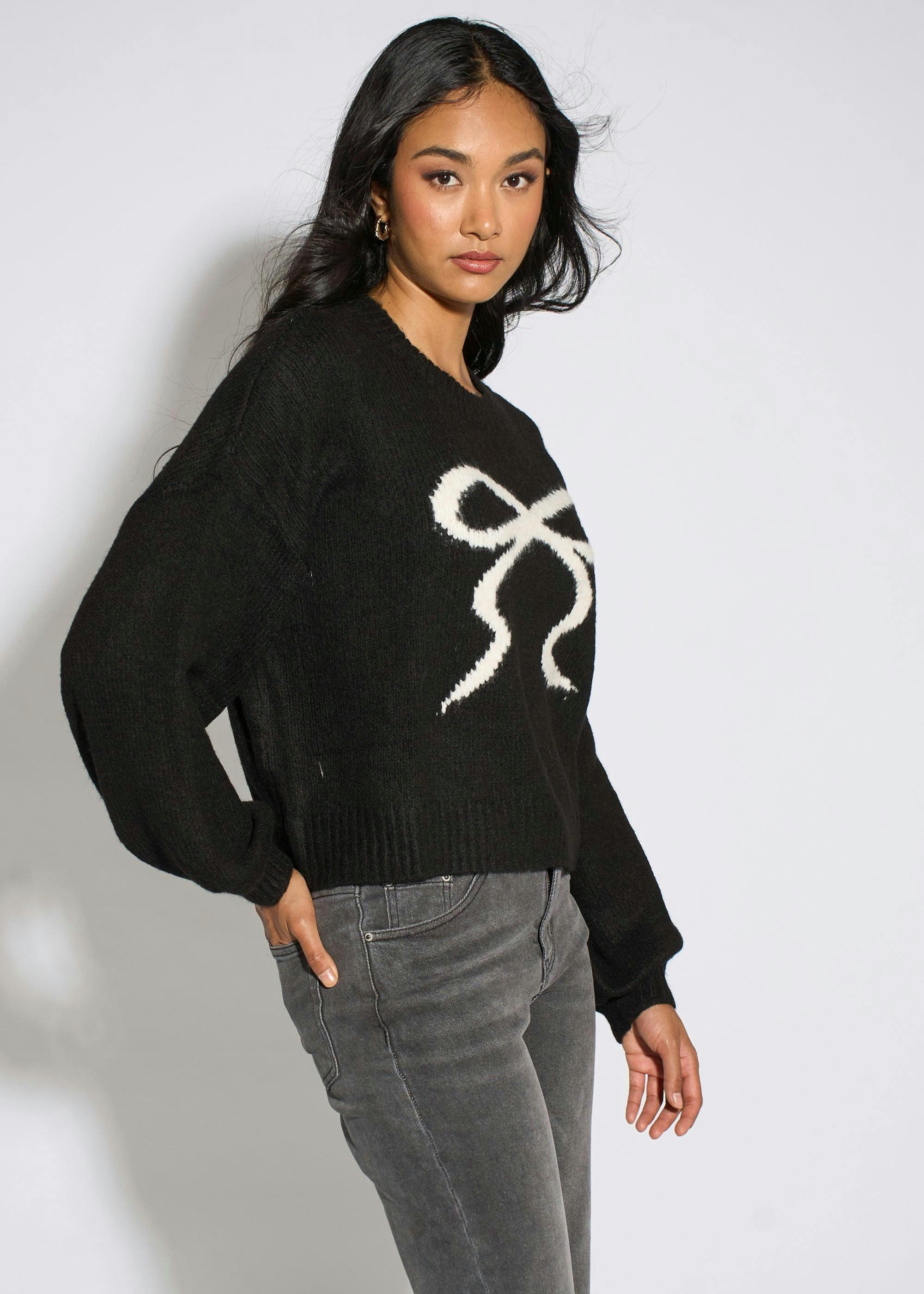 Black Contrast Bow Pattern Oversized Jumper , view 4 of 4
