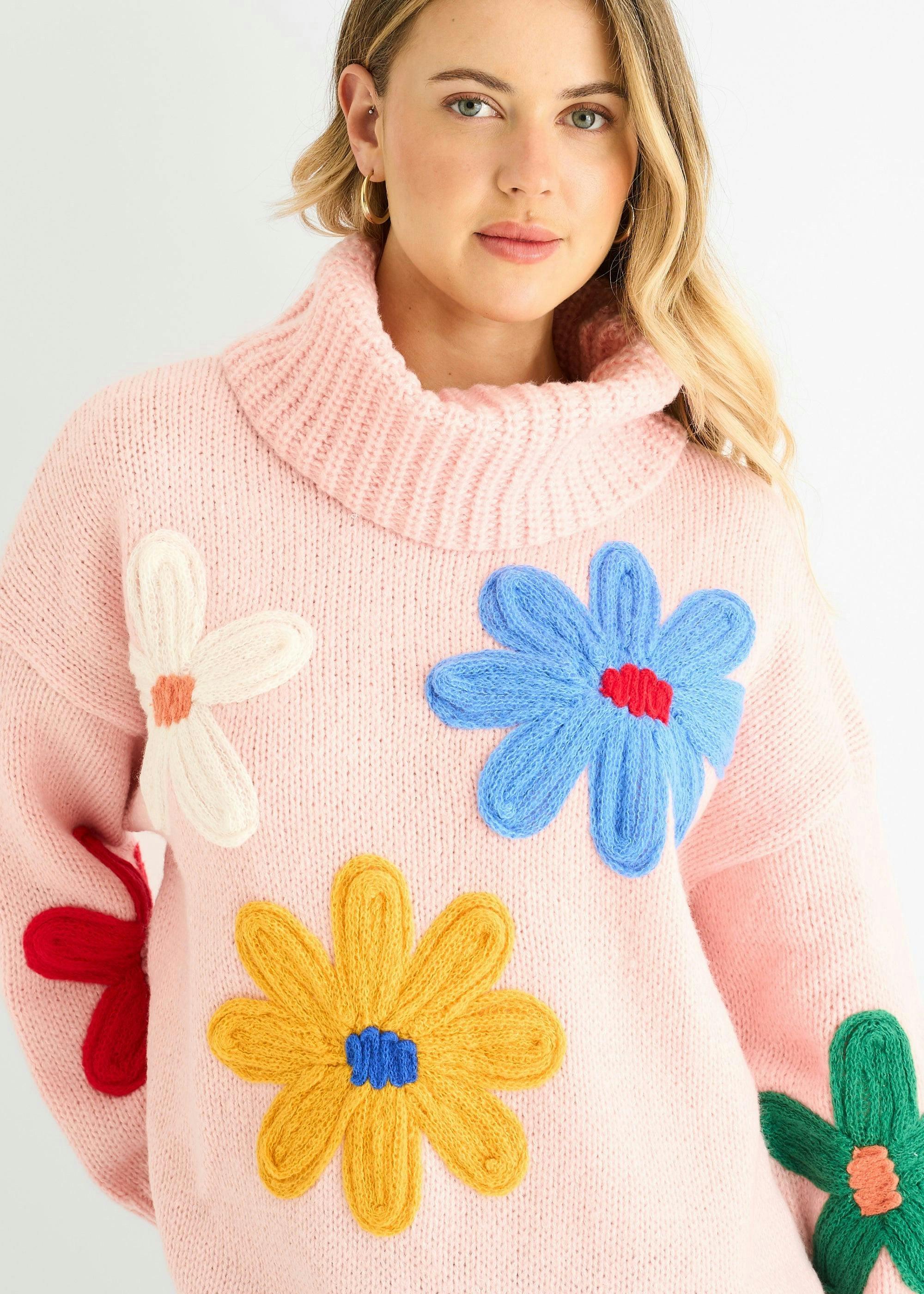 Pink Floral Applique Oversized Jumper , view 3 of 4