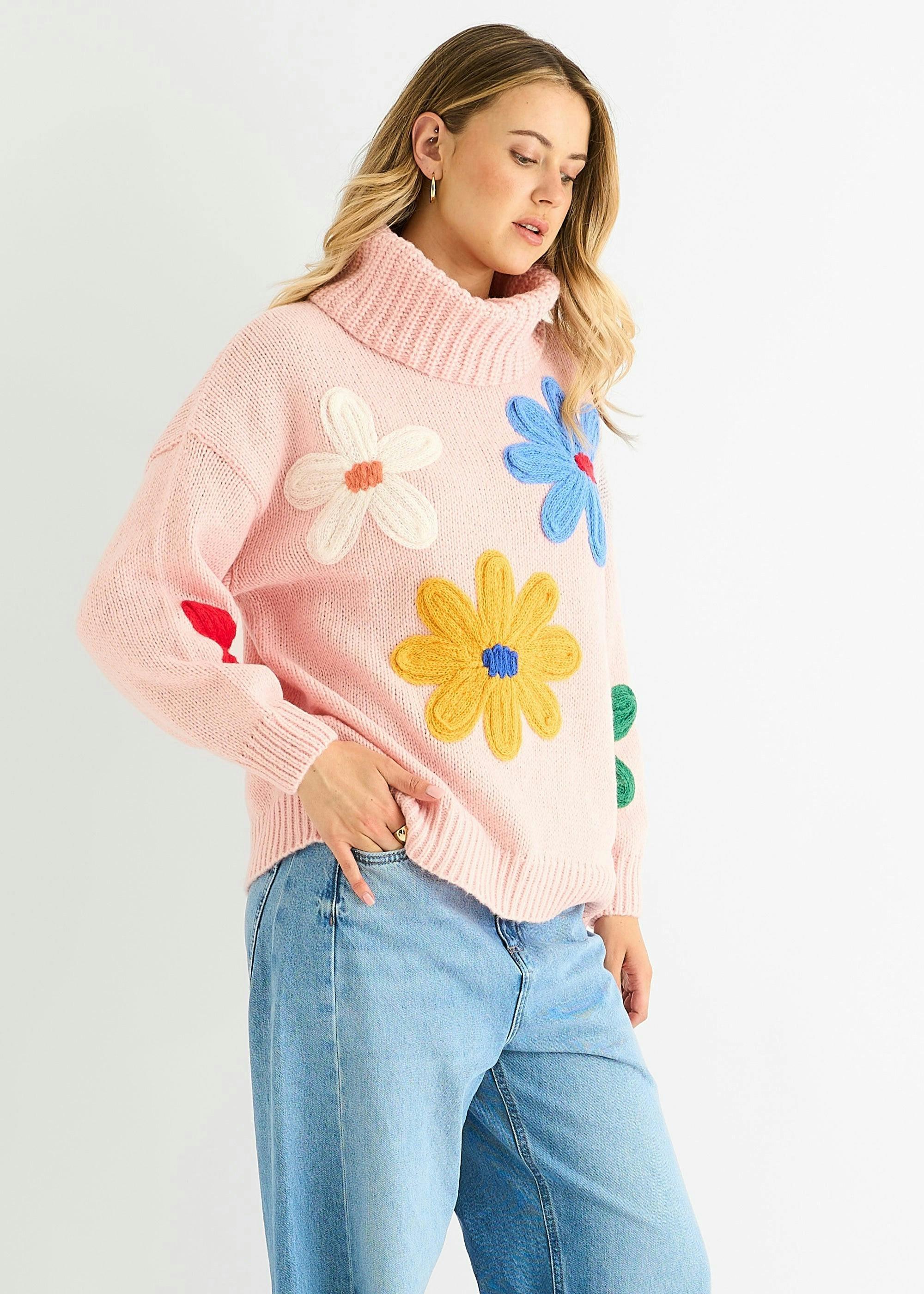 Pink Floral Applique Oversized Jumper , view 4 of 4
