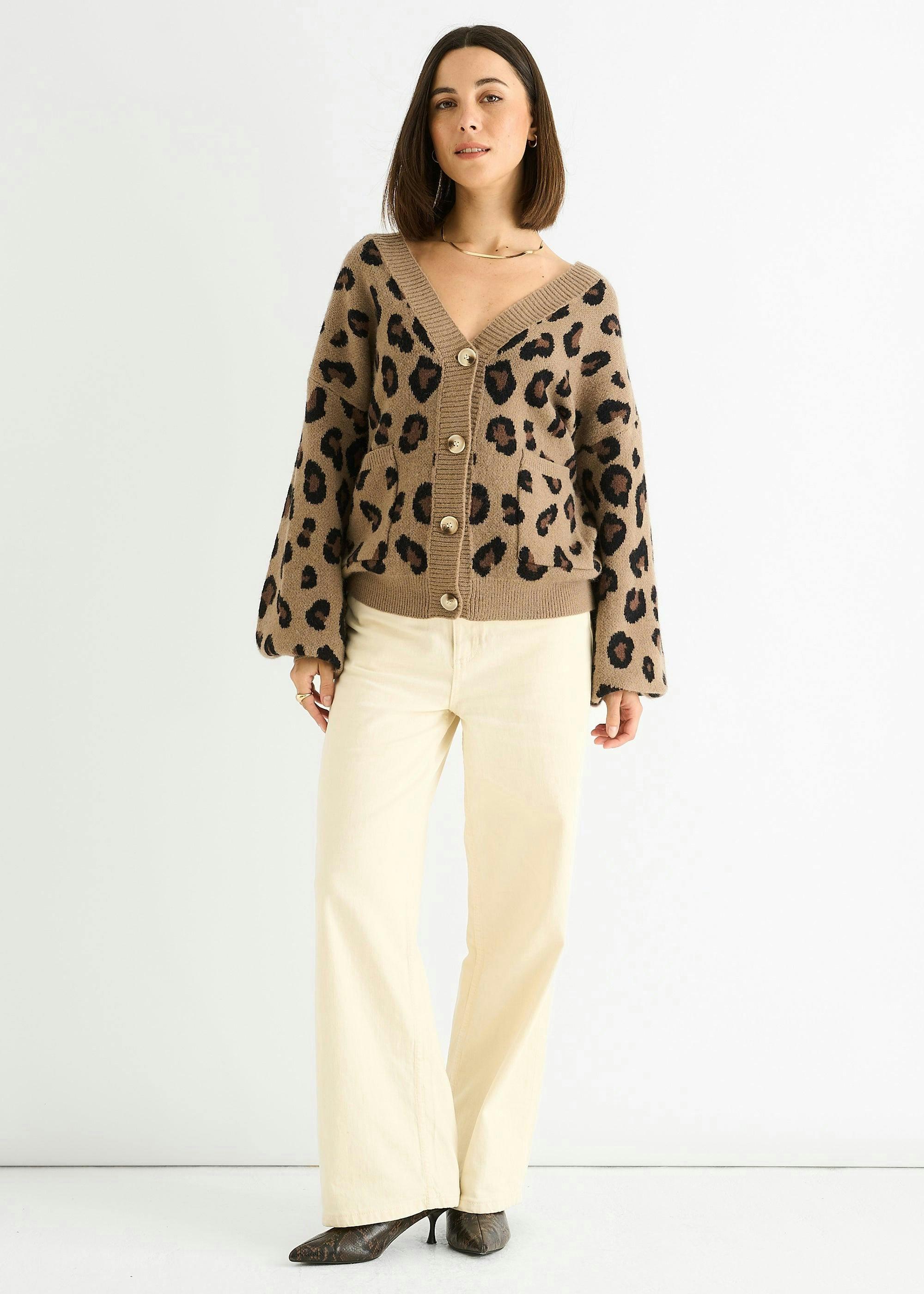 Camel Animal Print Knit Short Cardigan , view 2 of 4
