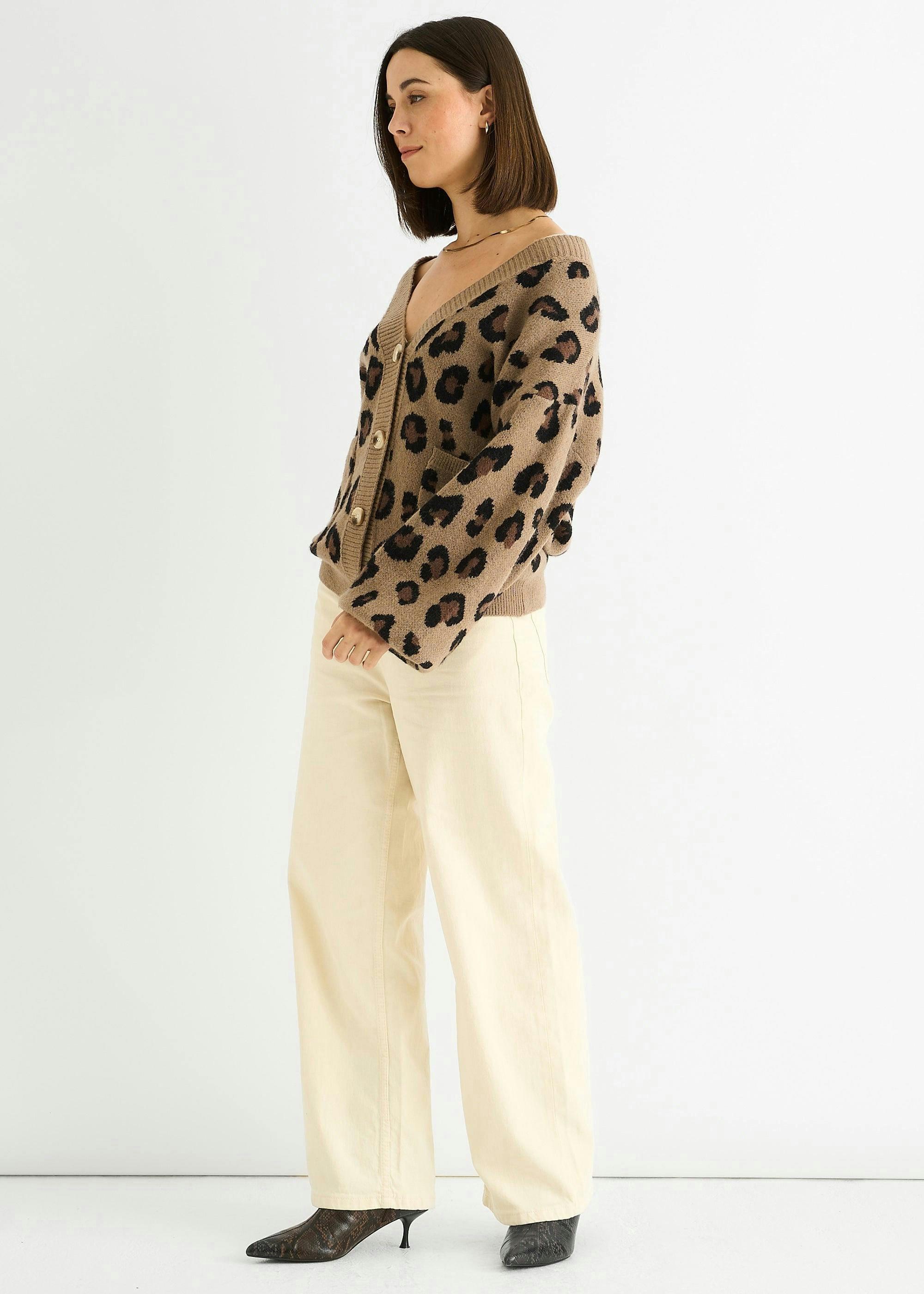 Camel Animal Print Knit Short Cardigan , view 3 of 4