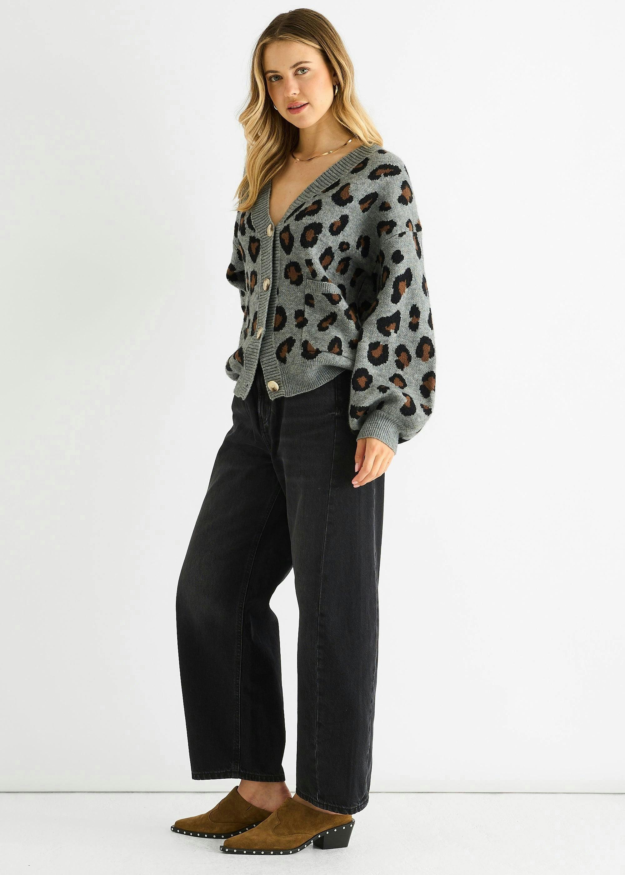 Grey Animal Print Knit Short Cardigan , view 3 of 4