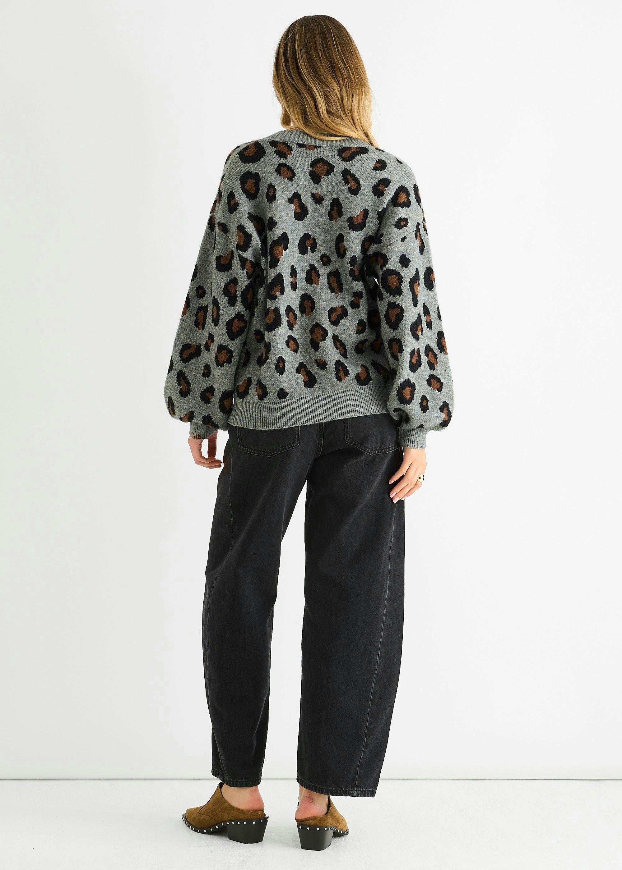 Grey Animal Print Knit Short Cardigan , view 4 of 4