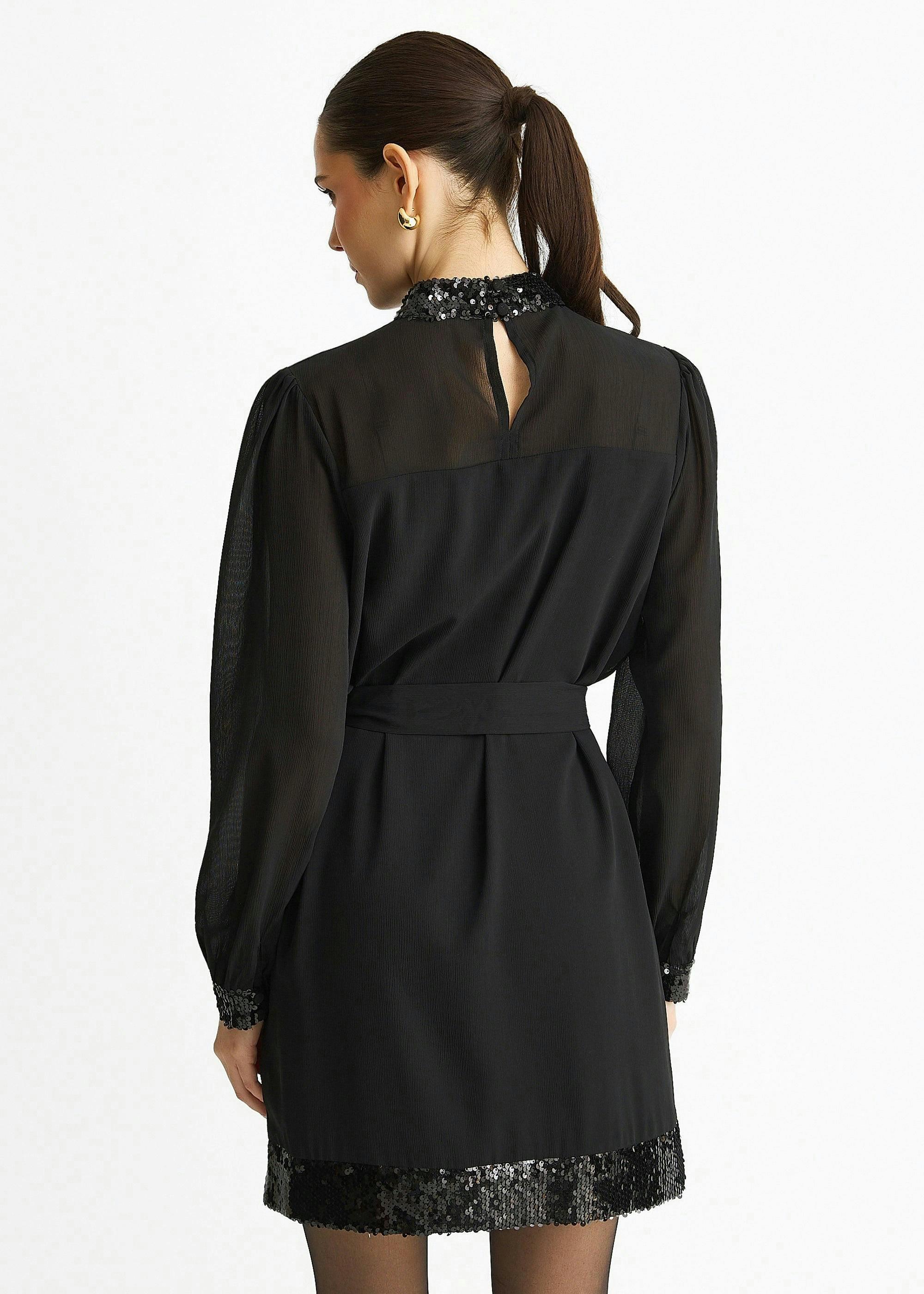 Black Sequin Trim High Neck Belted Mini Dress , view 2 of 4