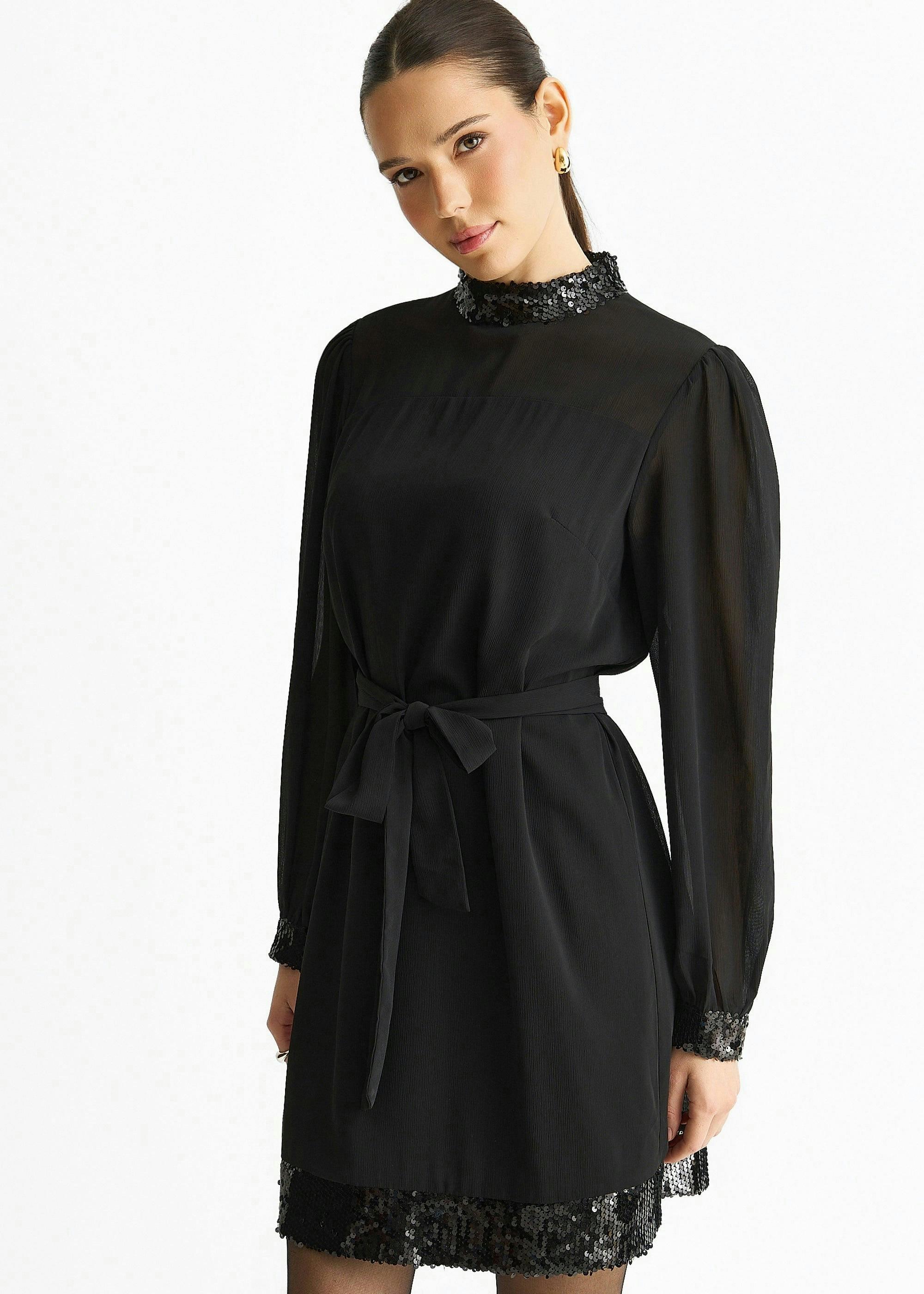 Black Sequin Trim High Neck Belted Mini Dress , view 3 of 4