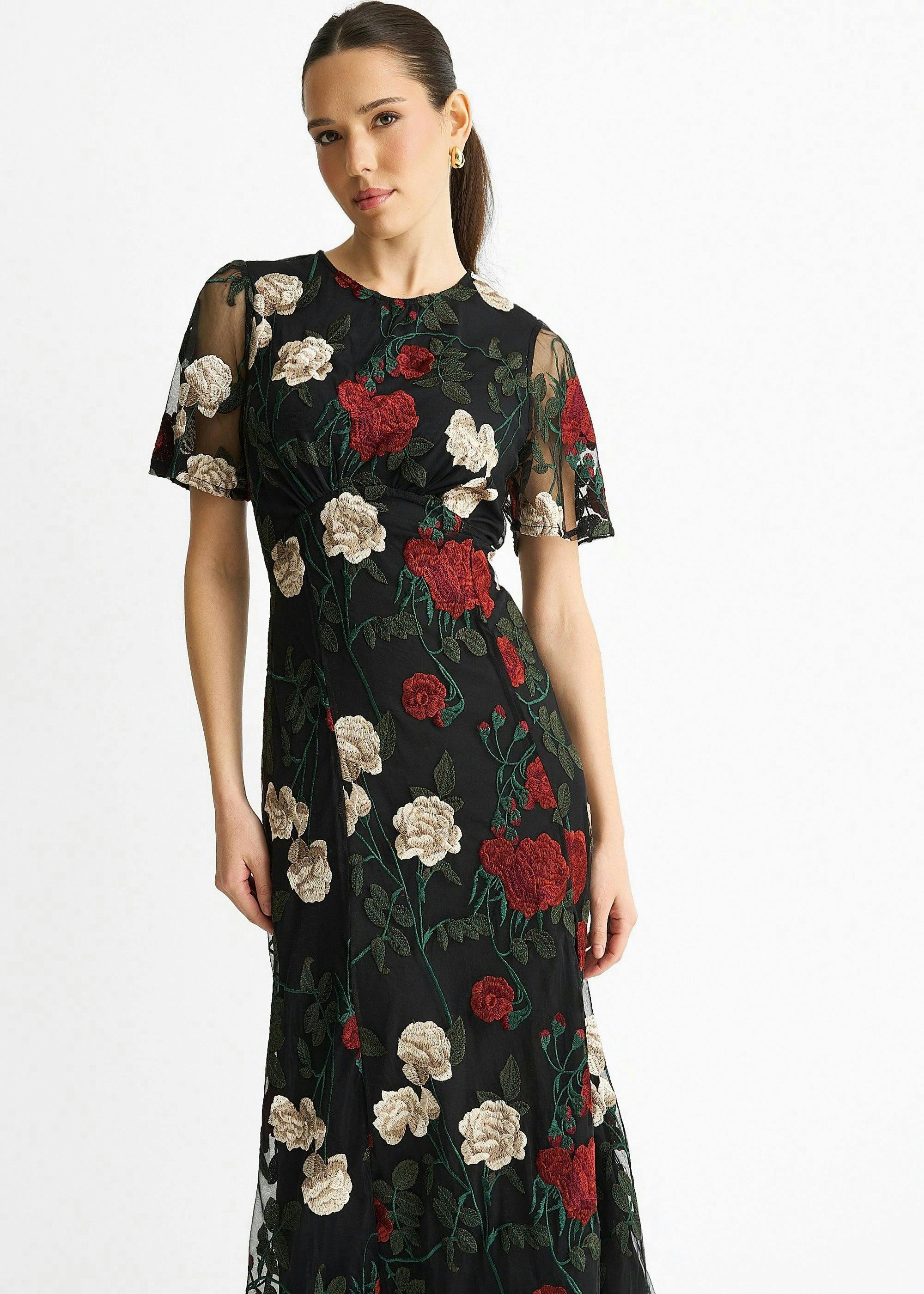 Black Angel Sleeves Embroidered Occasion Midi Dress , view 3 of 4