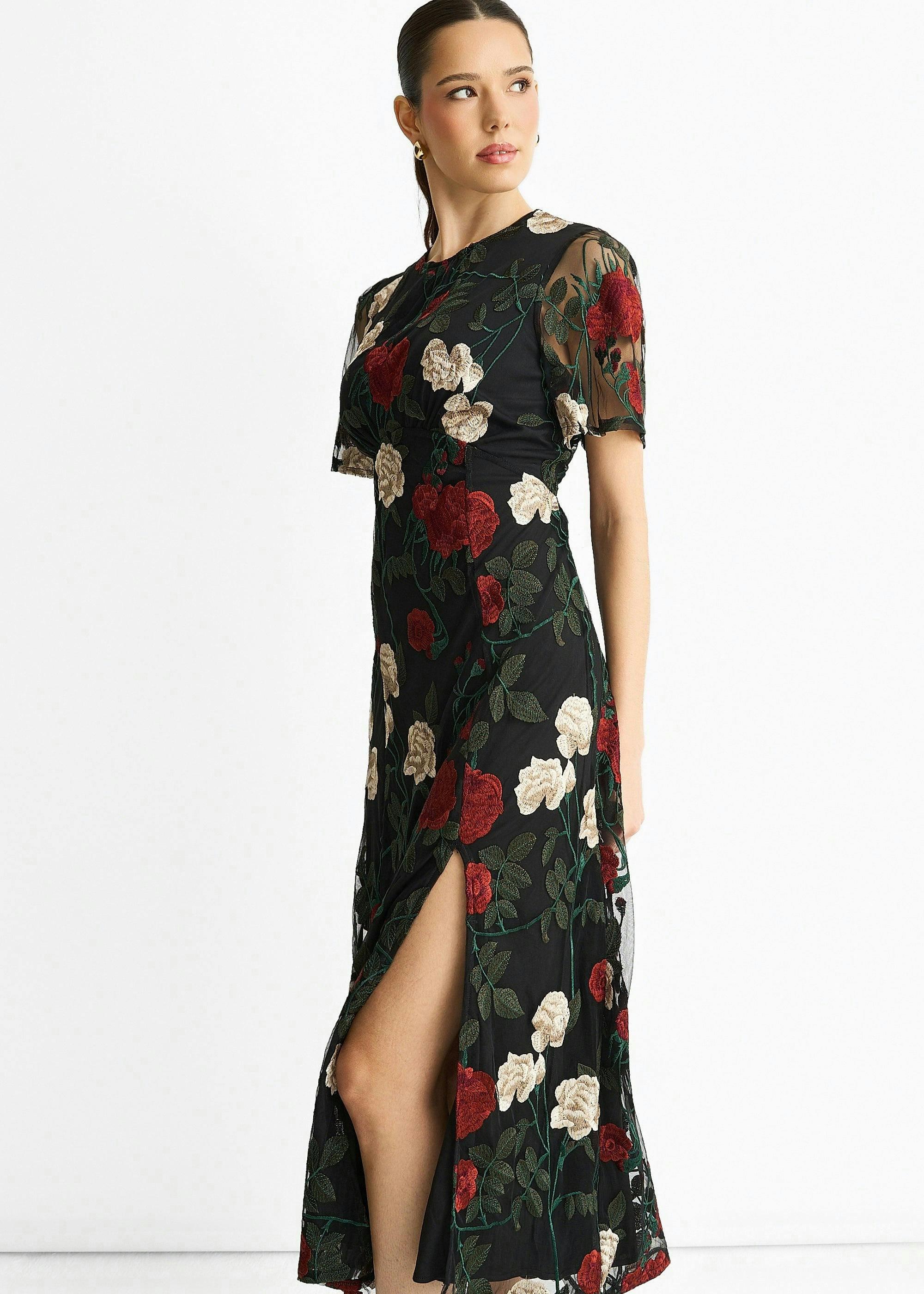 Black Angel Sleeves Embroidered Occasion Midi Dress , view 4 of 4