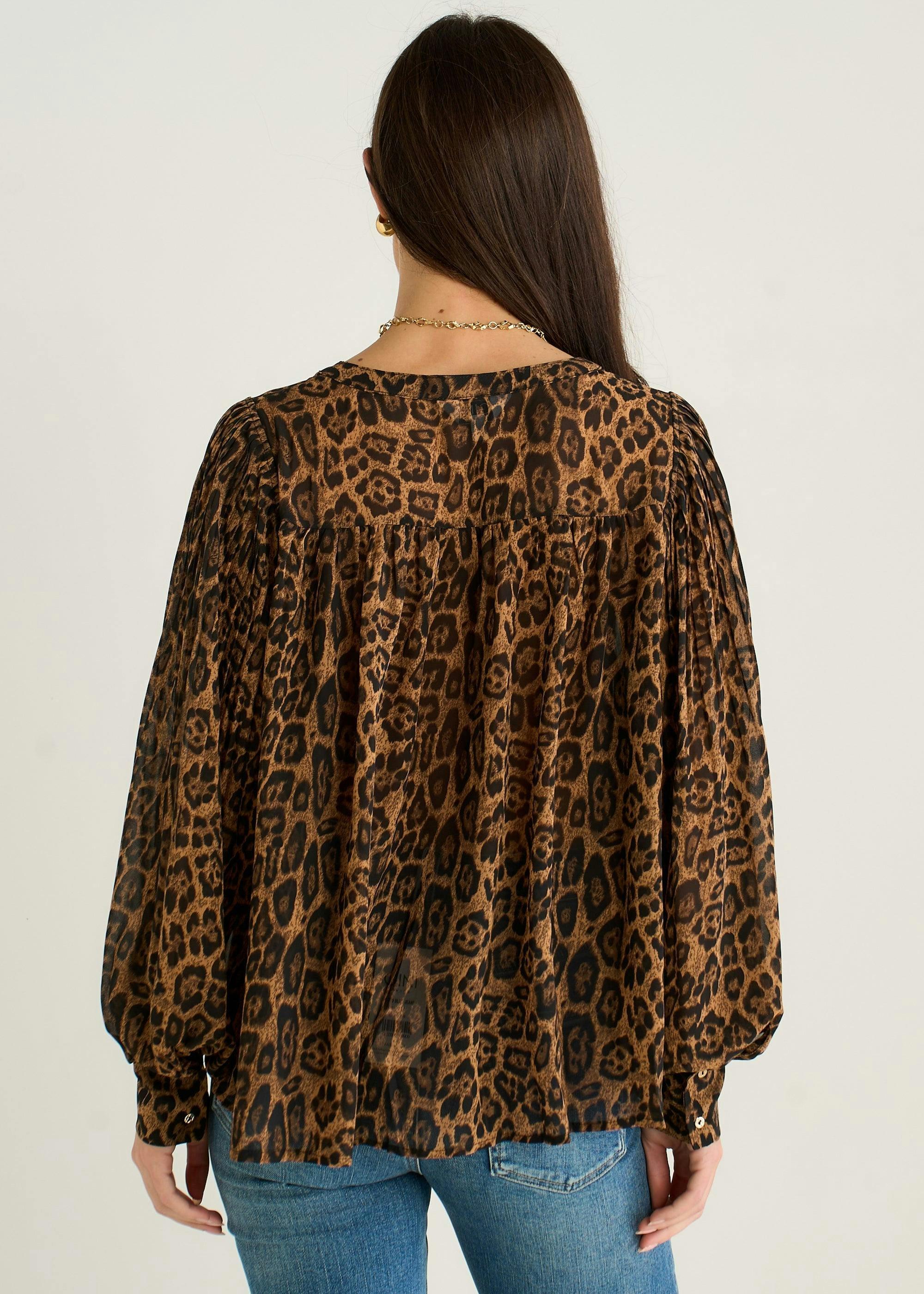 Brown Chiffon Animal Print Pleated Shift Shirt Blouse , view 2 of 4
