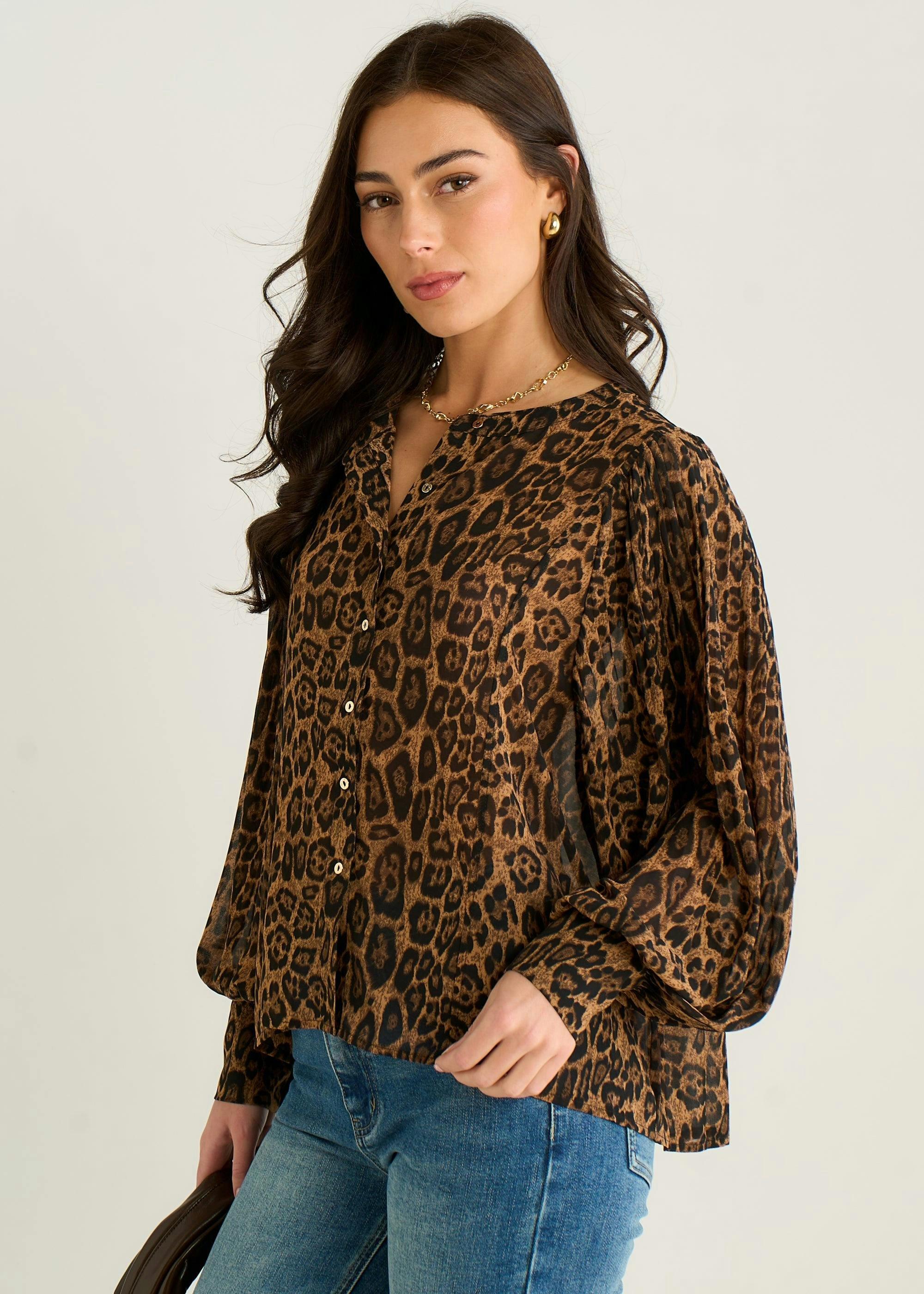 Brown Chiffon Animal Print Pleated Shift Shirt Blouse , view 4 of 4
