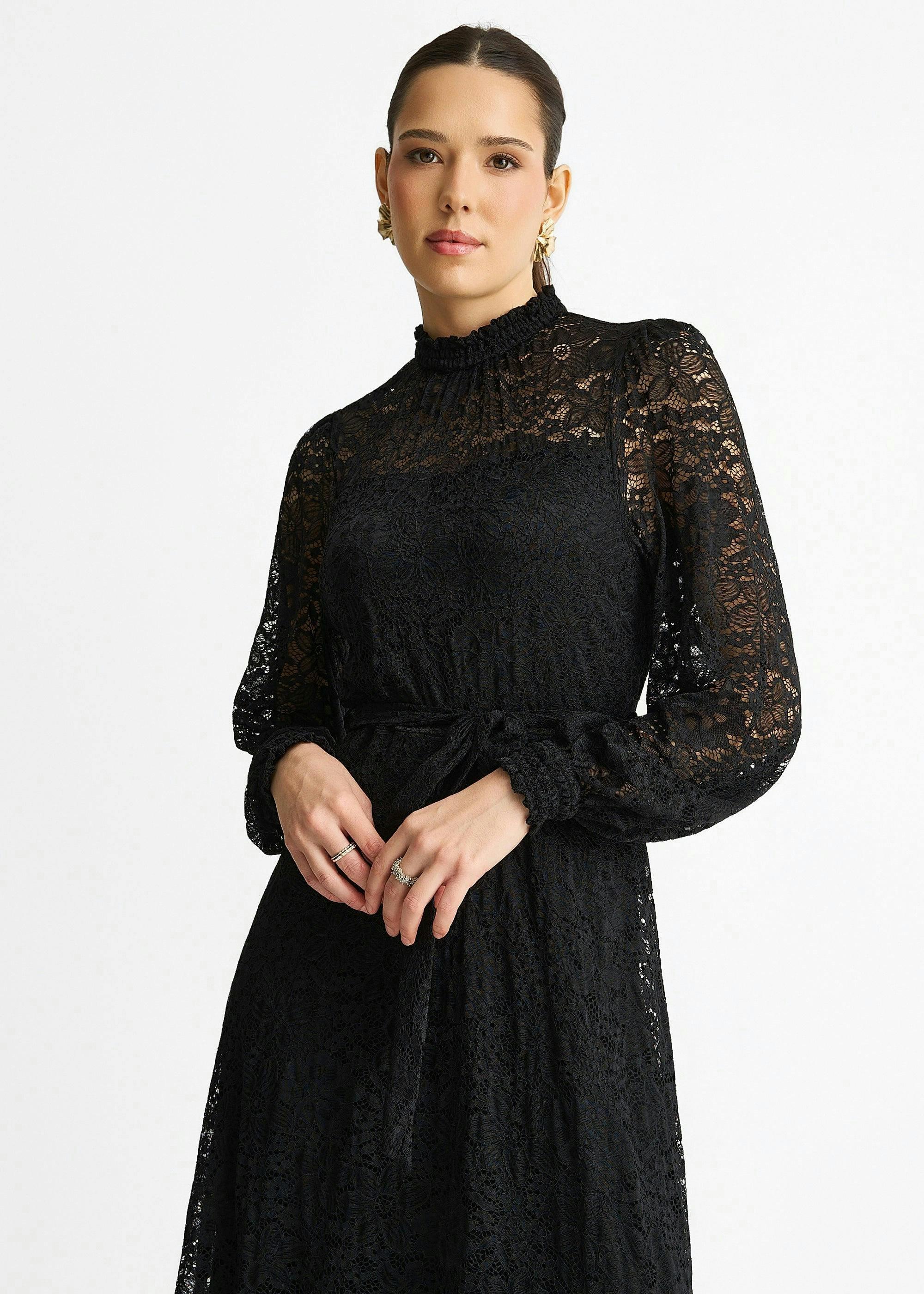 Black High Neck Jersey Lace Occasion Midi Dress , view 3 of 4