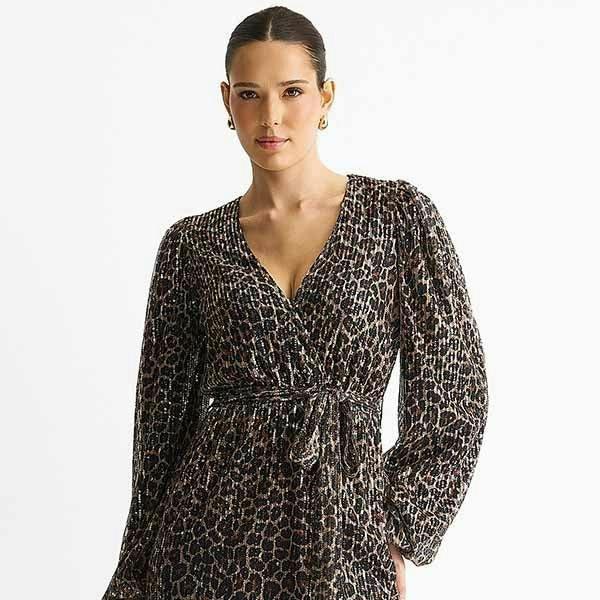 Black Animal Sequin Wrap Elasticated Waist Mini Dress , view 3 of 4