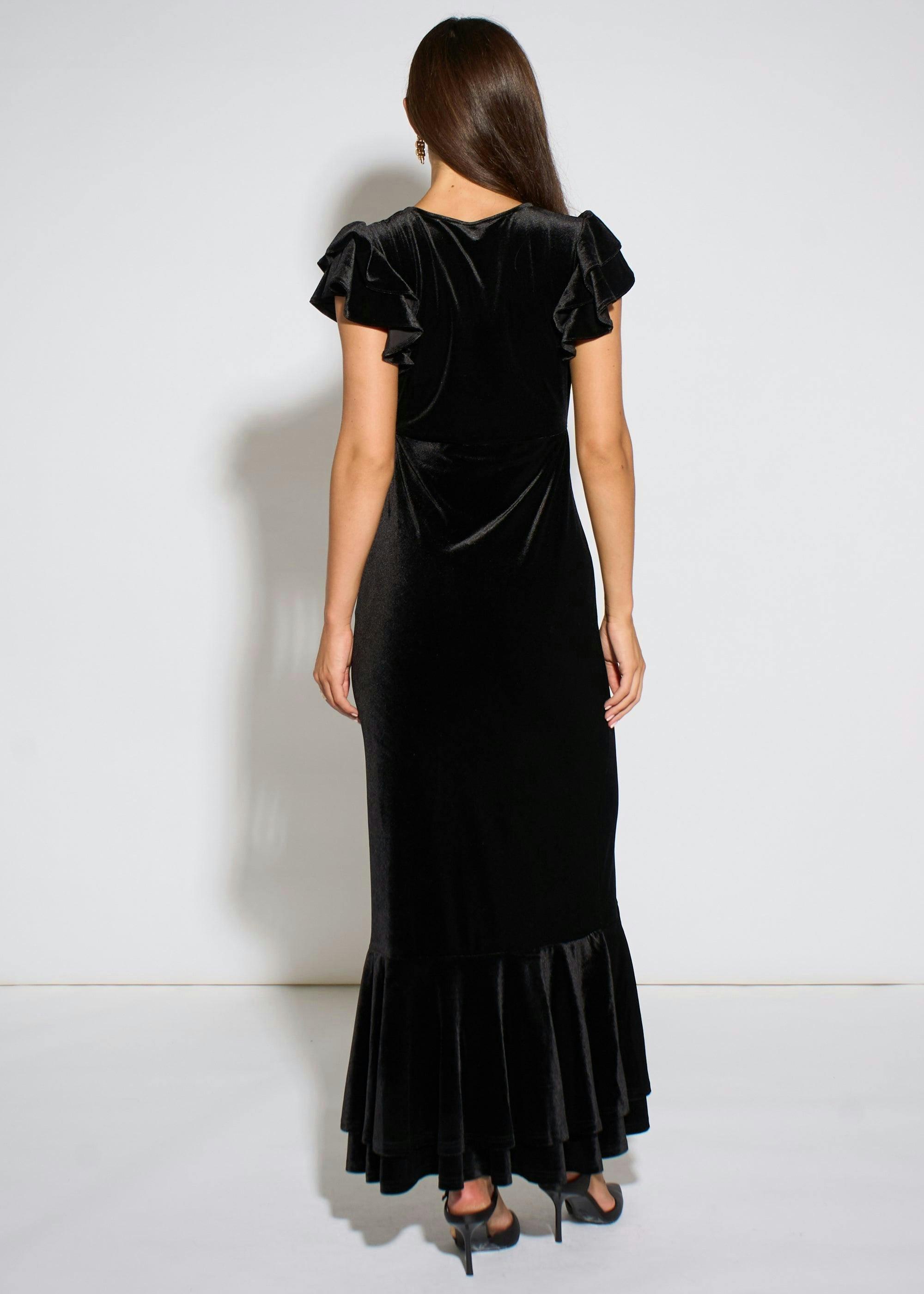 Black V Neck Ruffle Sleeves Velvet Occasion Maxi Dress , view 2 of 4