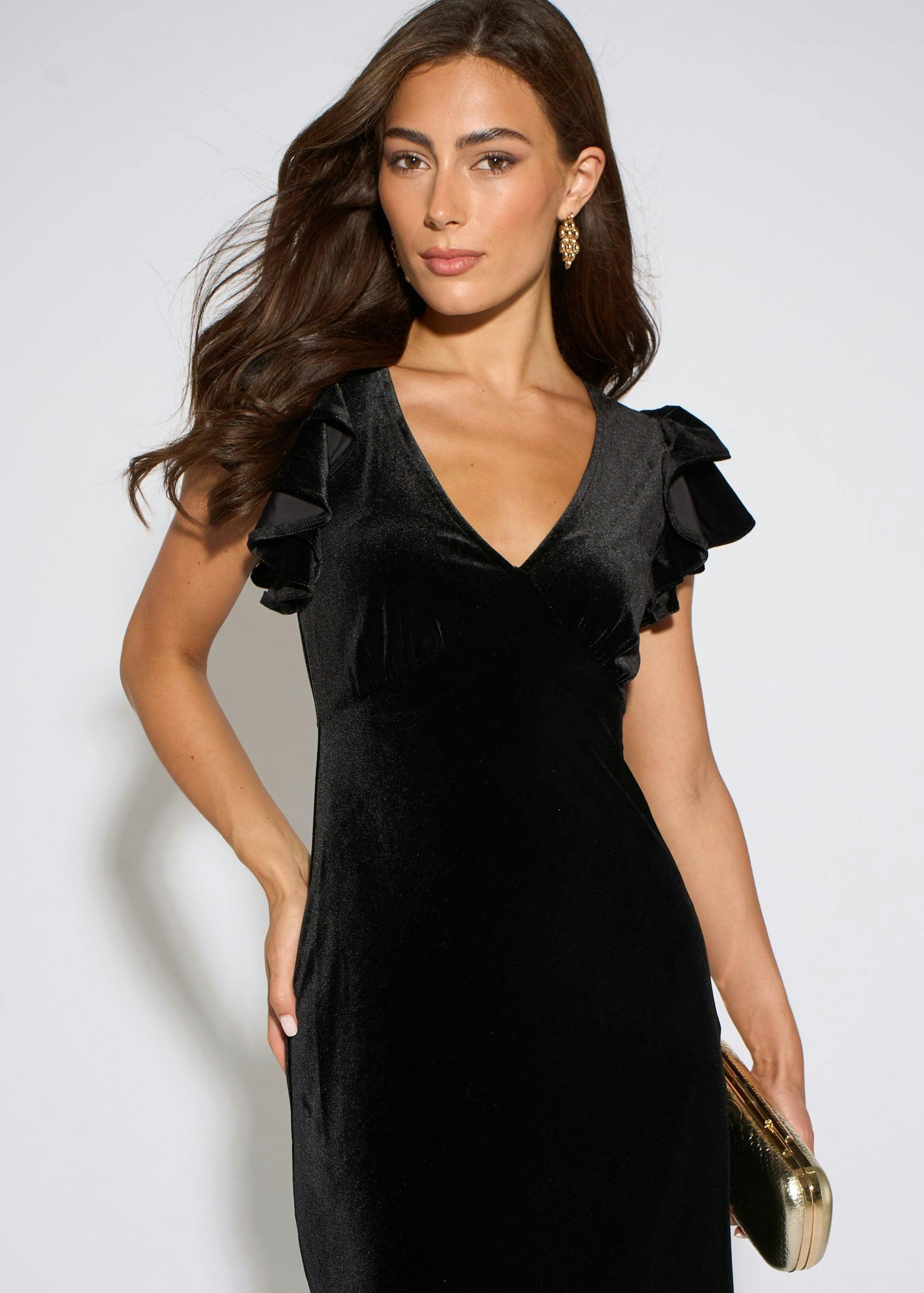 Black V Neck Ruffle Sleeves Velvet Occasion Maxi Dress , view 3 of 4